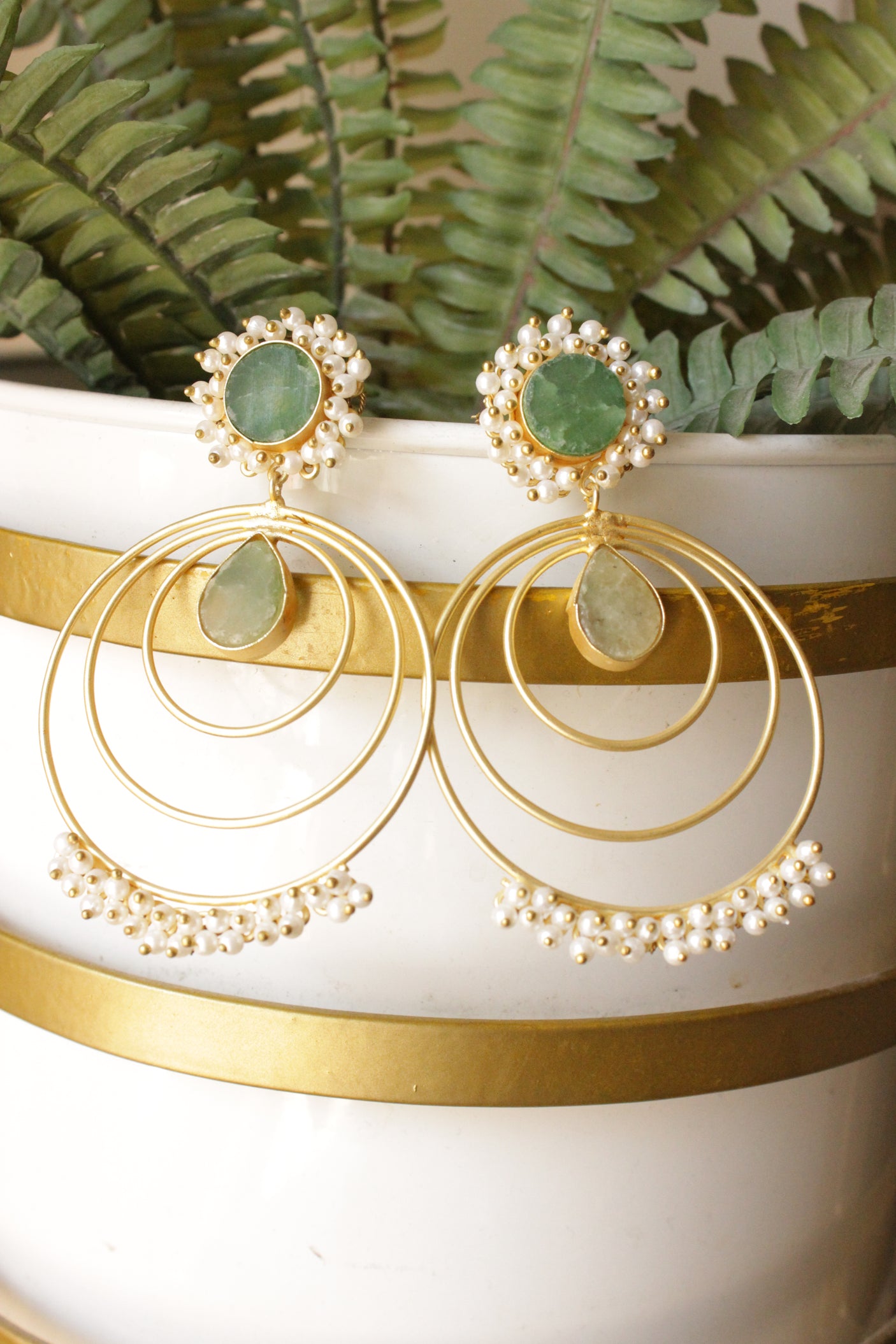 Green Raw Natural Gemstones Embedded Concentric Circles Gold Toned Handmade Brass Hoop Earrings Accentuated with White Beads