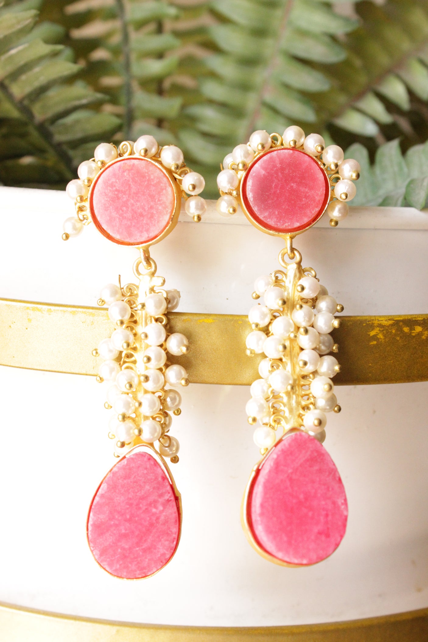 Natural Pink Rhodochrosite Tear Drop Gold Toned Handmade Brass Dangler Earrings Embellished with White Beads