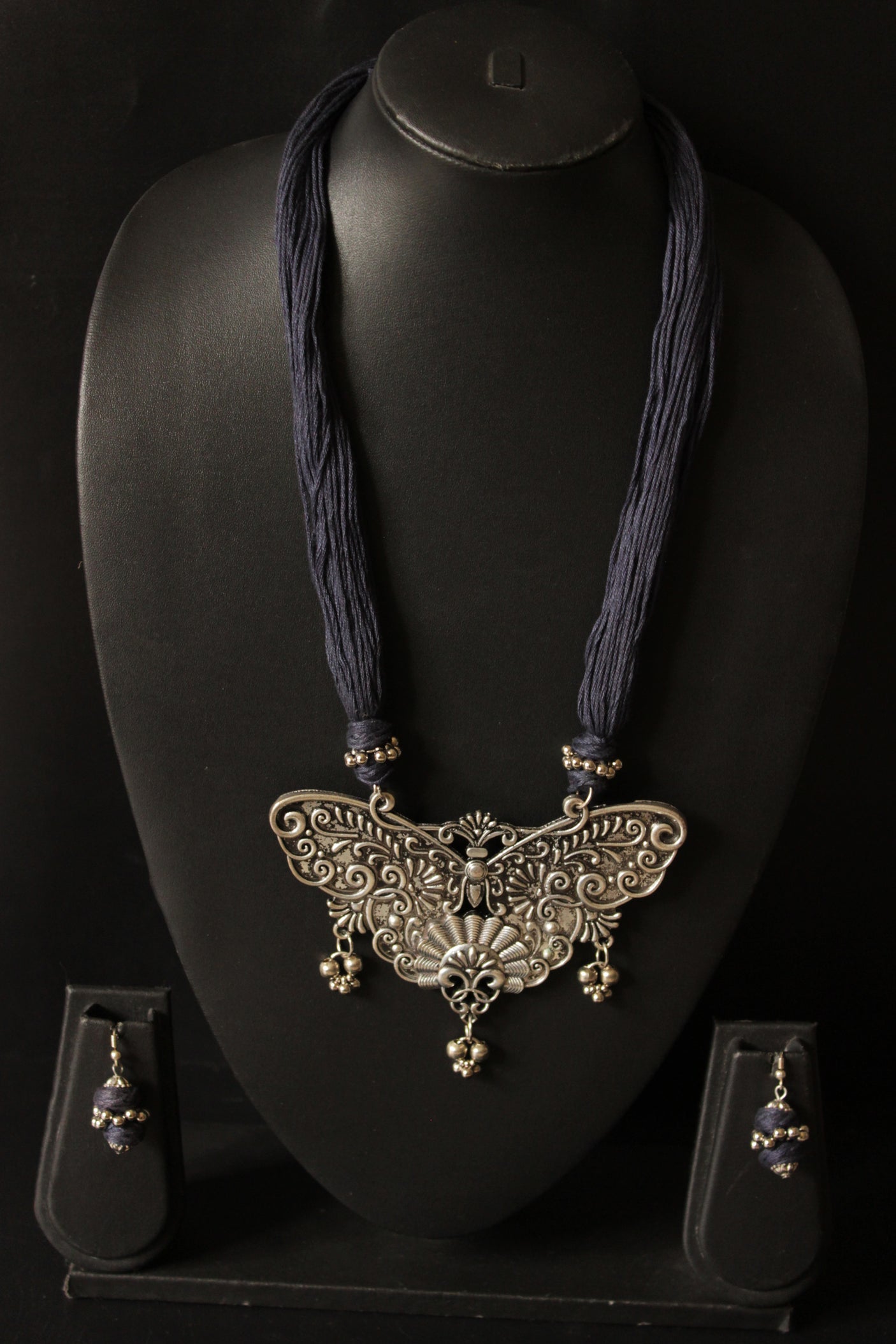 Intricately Detailed Butterfly Pendant Thread Closure Necklace Set