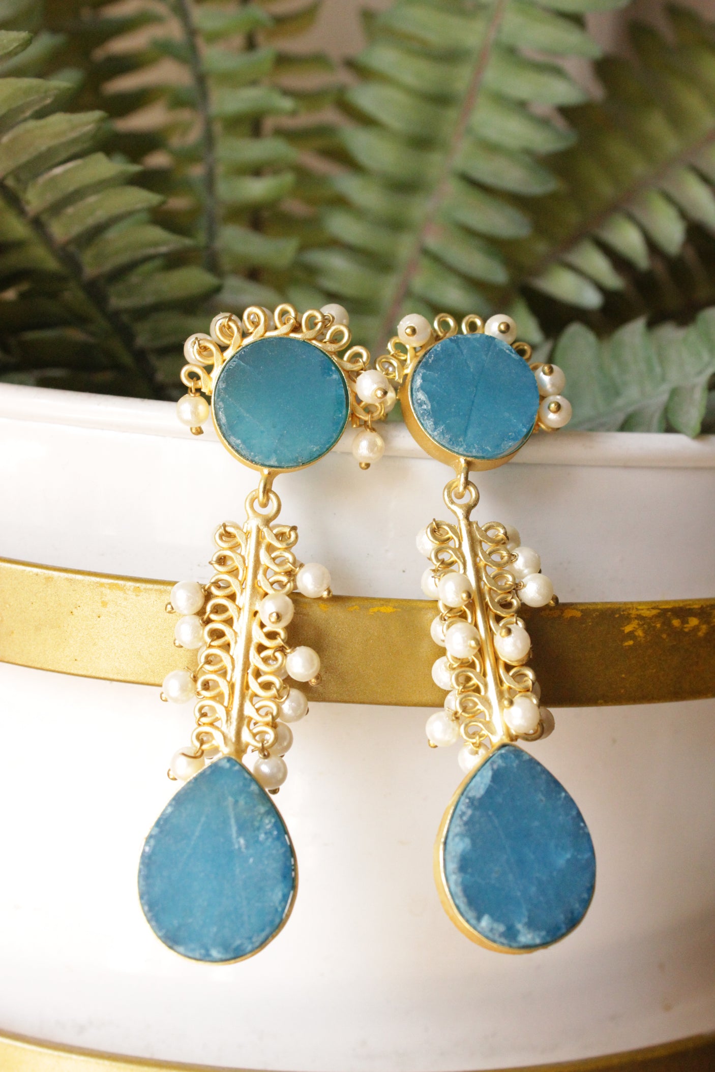 Teal Blue Raw Natural Gemstone Tear Drop Gold Toned Handmade Brass Dangler Earrings Embellished with White Beads