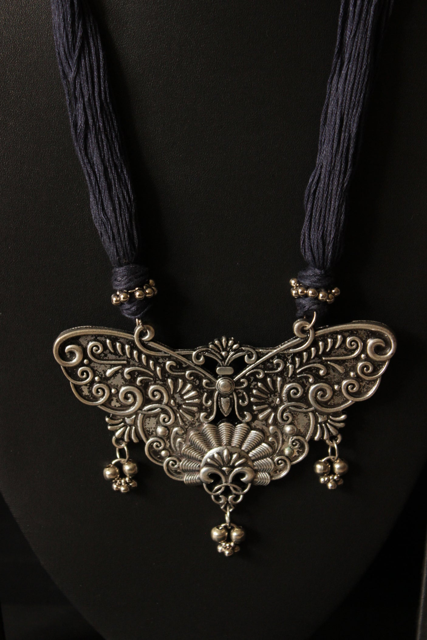 Intricately Detailed Butterfly Pendant Thread Closure Necklace Set