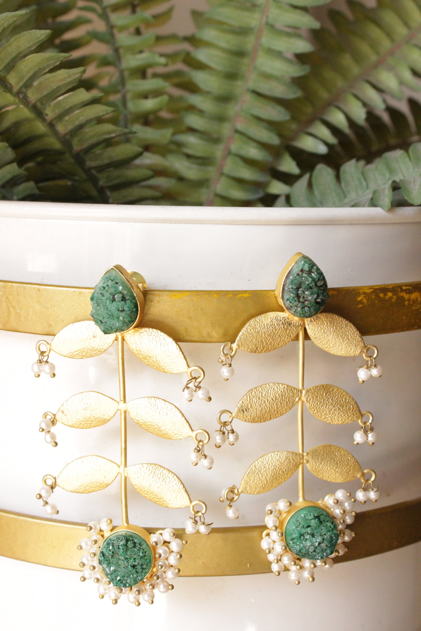 Green Sugar Druzy Raw Natural Gemstone Leaf and Stem Gold Toned Handmade Brass Dangler Earrings