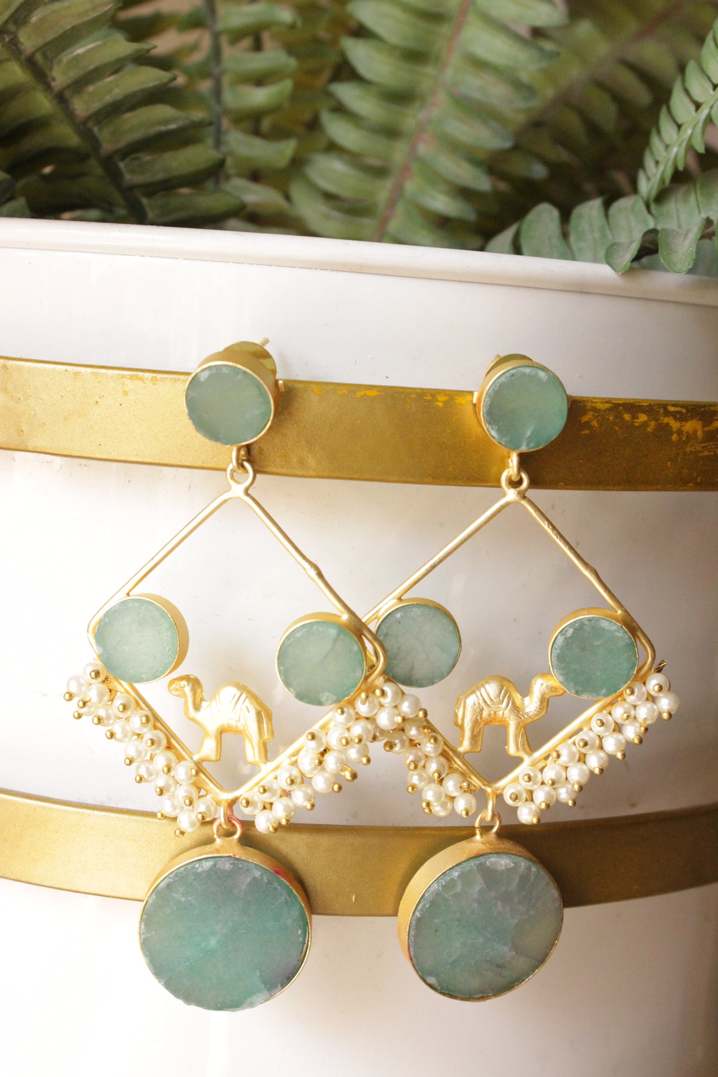 Sea Green Raw Natural Gemstones Embedded Gold Toned Brass Earrings Accentuated with White Beads