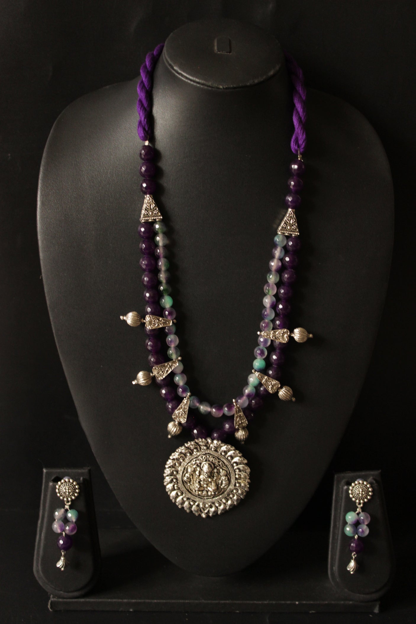 2 Layer Vibrant Jade Beads Religious Motif Necklace Set