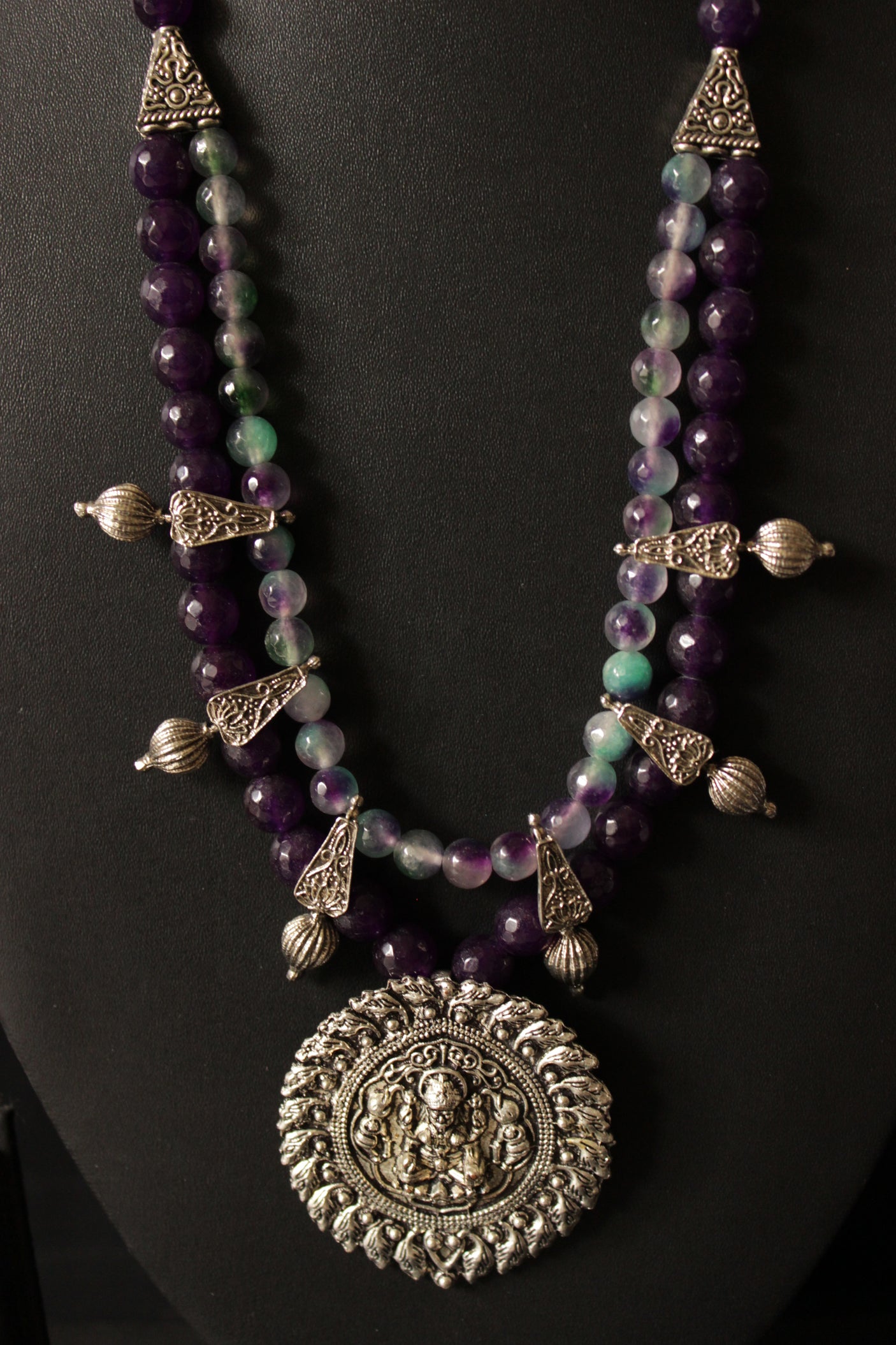 2 Layer Vibrant Jade Beads Religious Motif Necklace Set