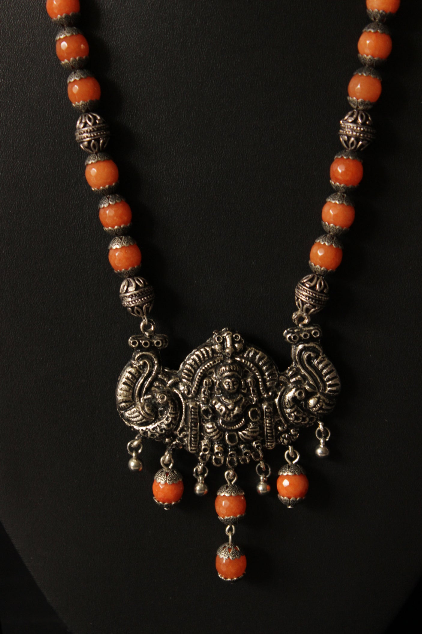 Orange Jade Beads Religious Motif Metal Pendant Necklace Set