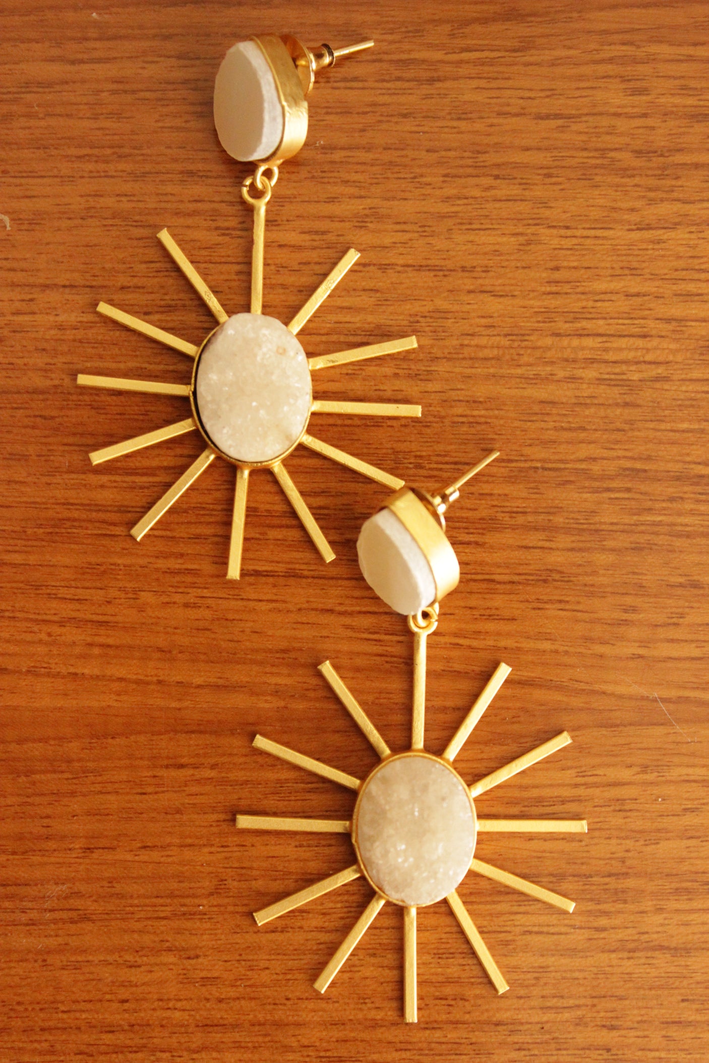 Ivory Sugar Druzy Natural Gemstone Gold Toned Teardrop Sun Dial Dangler Earrings