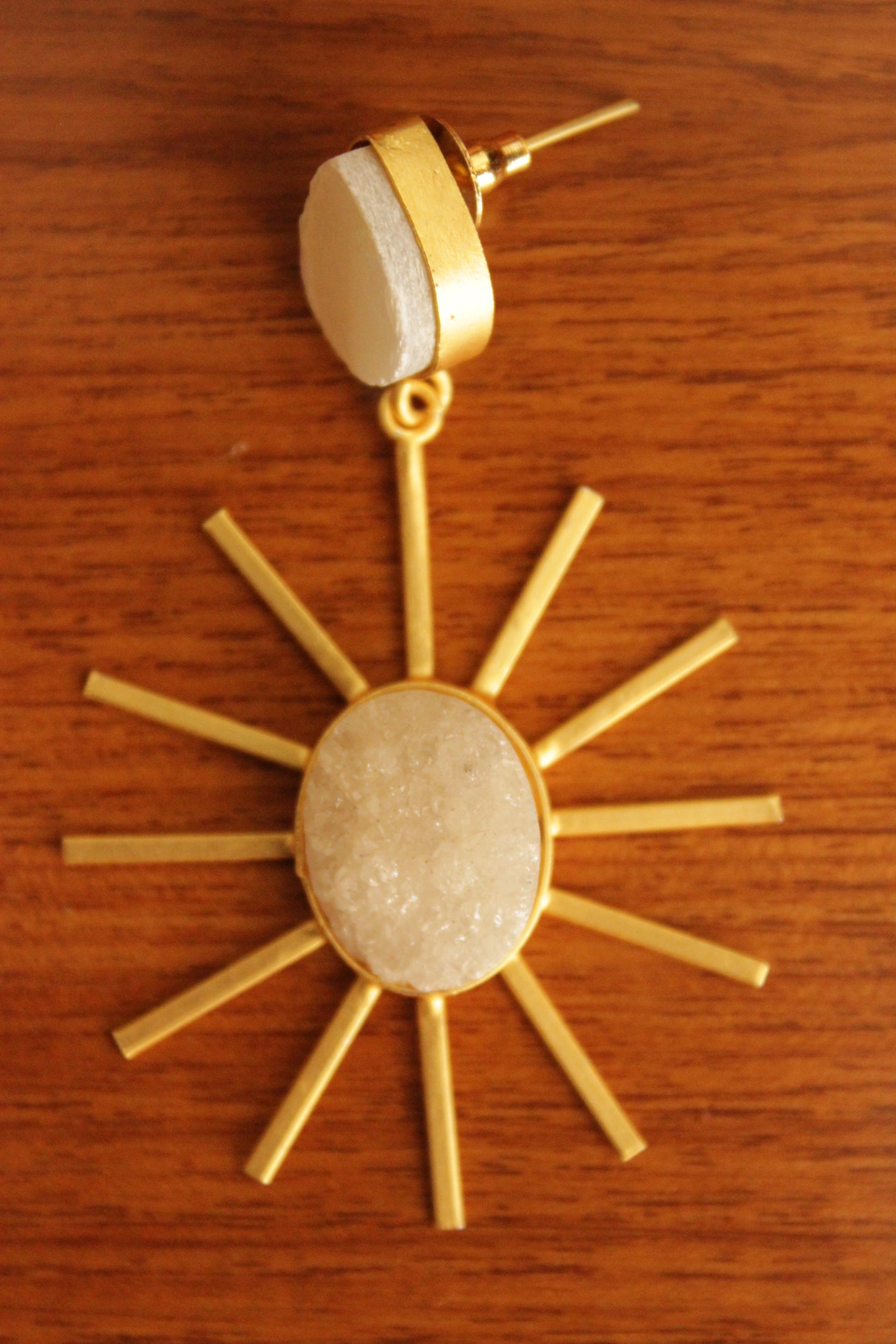 Ivory Sugar Druzy Natural Gemstone Gold Toned Teardrop Sun Dial Dangler Earrings