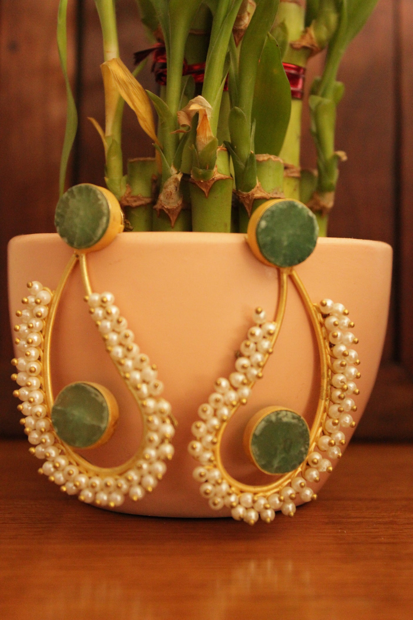 Sea Green Raw Natural Gemstones Embedded Gold Toned Brass Teardrop Shaped Earrings Accentuated with White Beads
