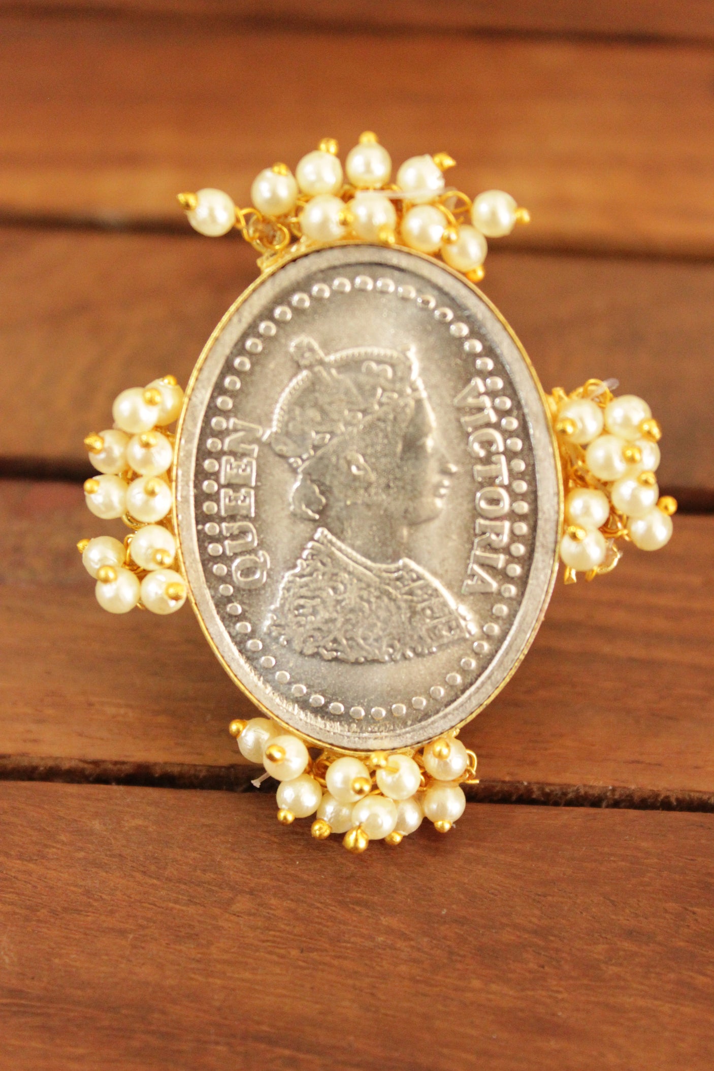 Queen Victoris Stamped Oval Silver Replica Adjustable Ring With White Beads