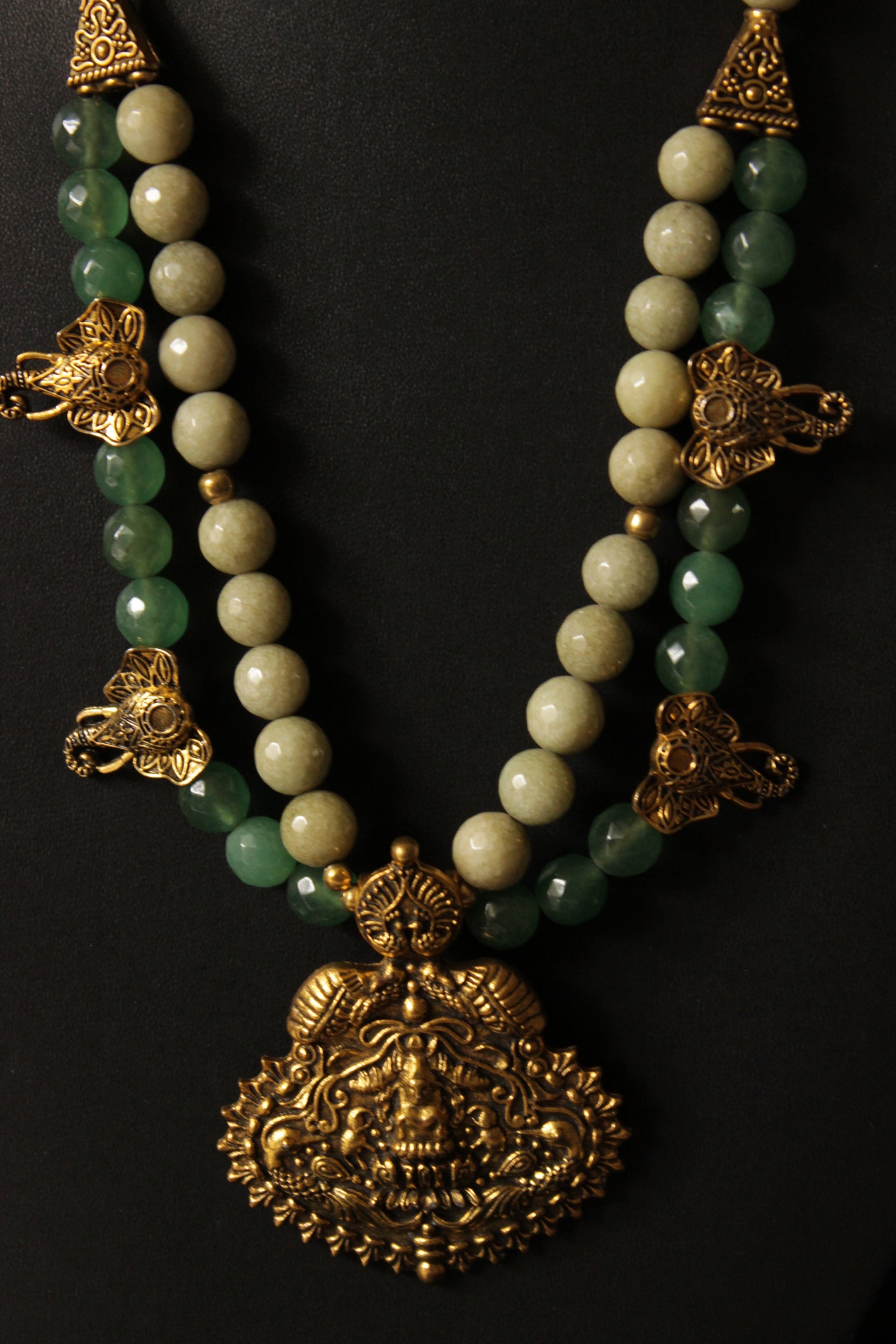 Ivory and Green Jade Beads Antique Gold Finish Metal Pendant Necklace Set