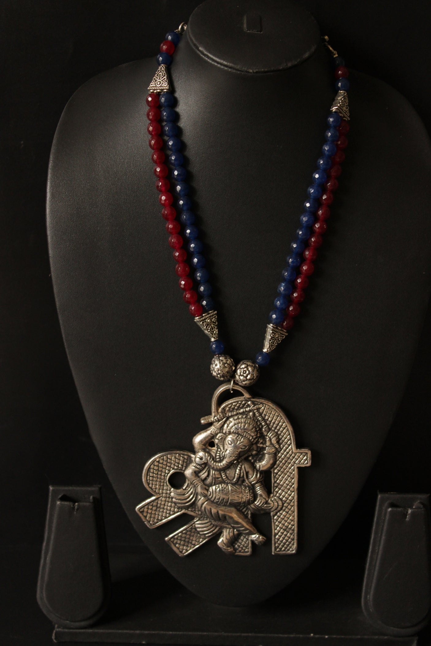 Statement Ganesha Pendant Red and Blue Jade Beads Necklace