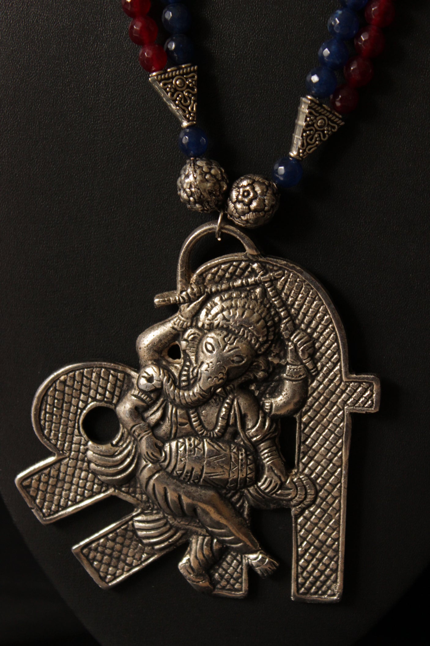 Statement Ganesha Pendant Red and Blue Jade Beads Necklace