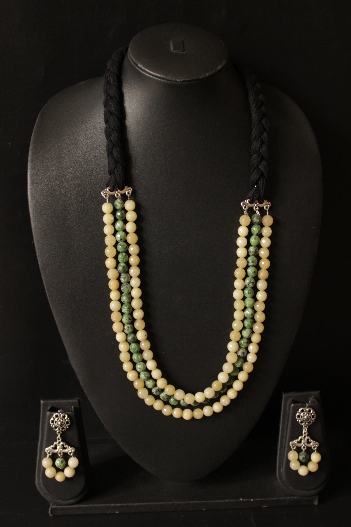3 Layer Ivory and Sea Green Jade Beads Necklace Set