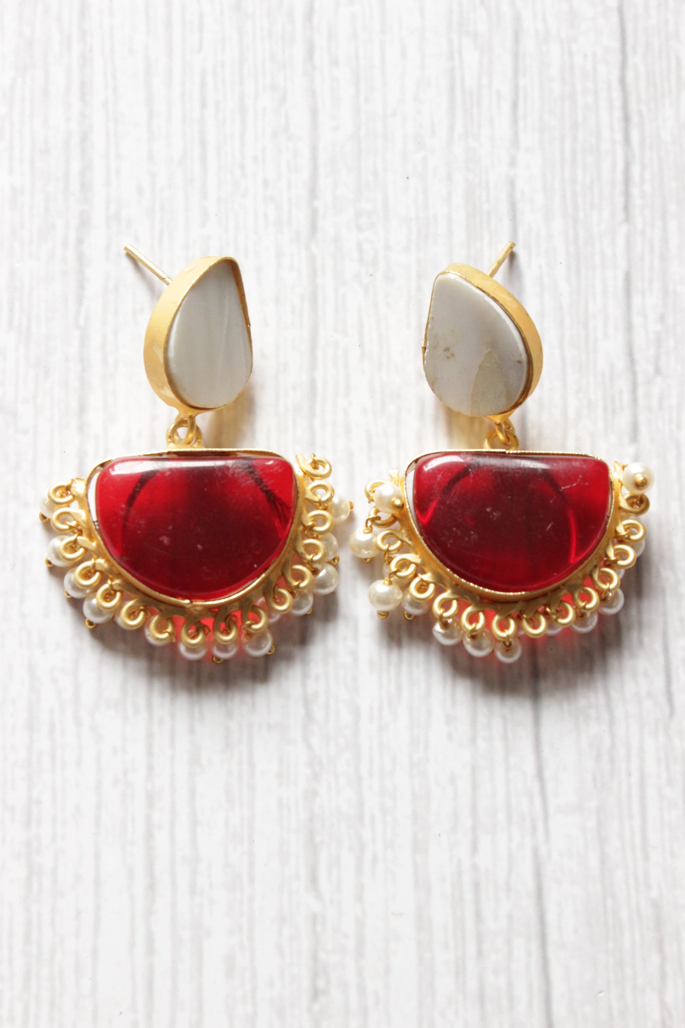White and Red Natural Stone Embedded Brass Dangler Earrings