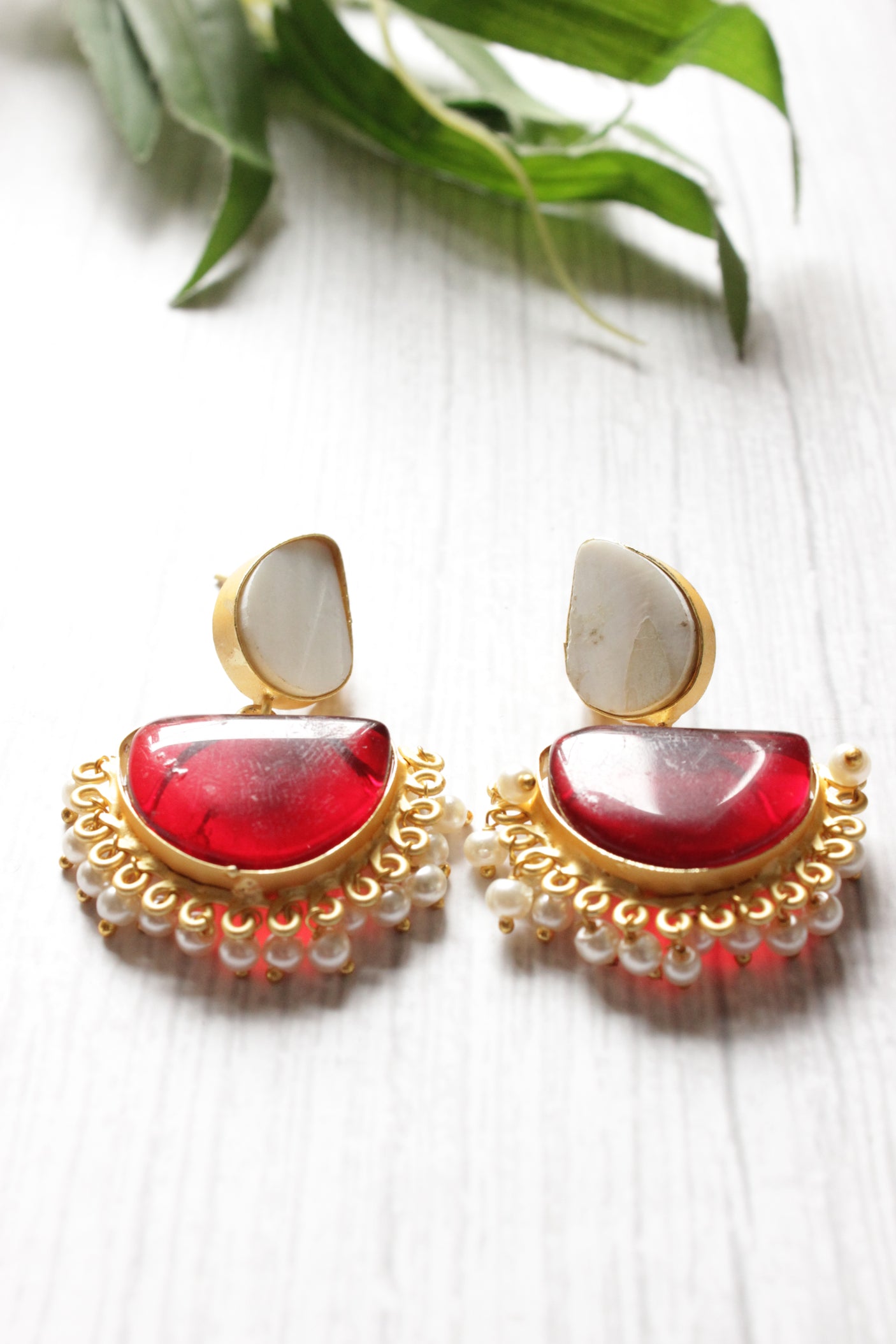 White and Red Natural Stone Embedded Brass Dangler Earrings