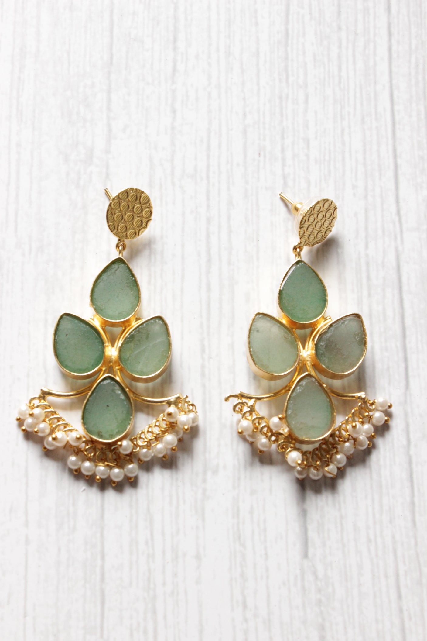 Sea Green Natural Stone Embedded Brass Dangler Earrings