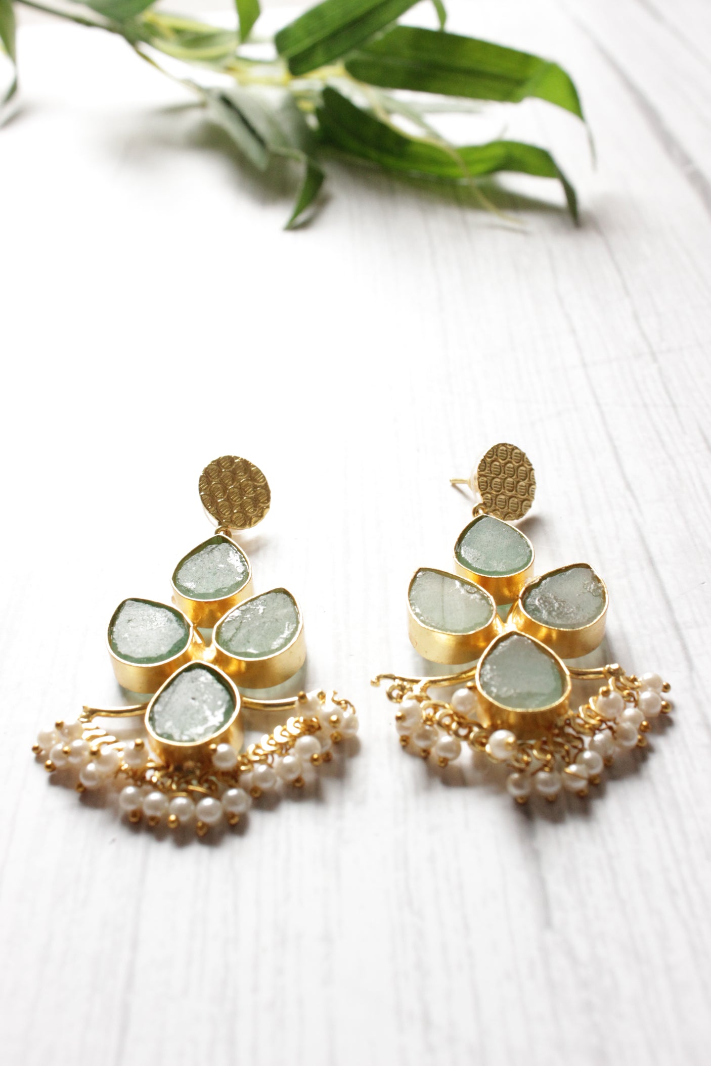 Sea Green Natural Stone Embedded Brass Dangler Earrings