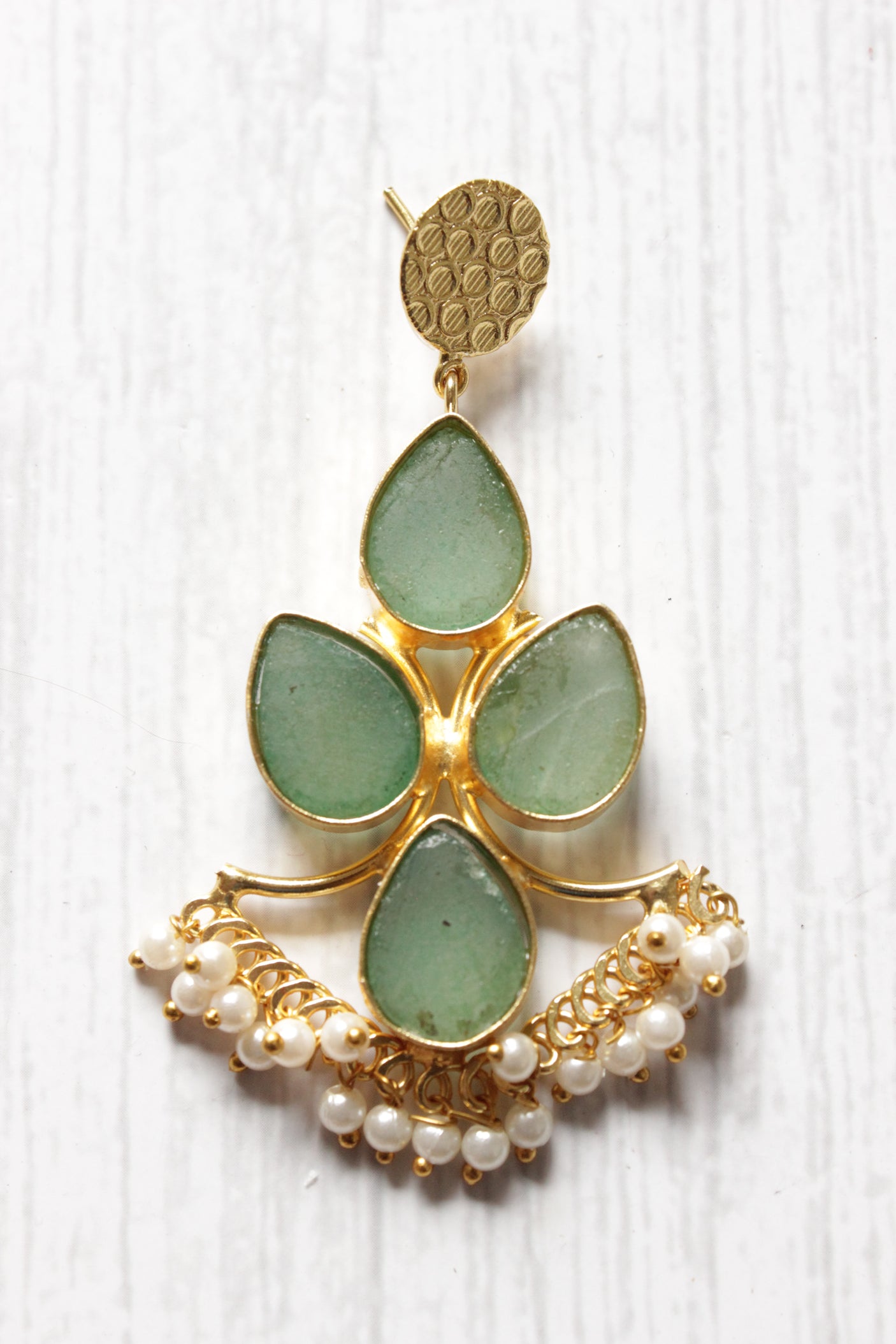 Sea Green Natural Stone Embedded Brass Dangler Earrings