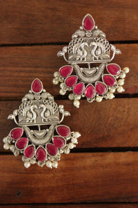 Ruby Red Glass Stones Embedded Peacock Motifs Detailed Brass Earrings
