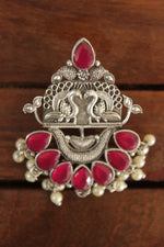 Load image into Gallery viewer, Ruby Red Glass Stones Embedded Peacock Motifs Detailed Brass Earrings
