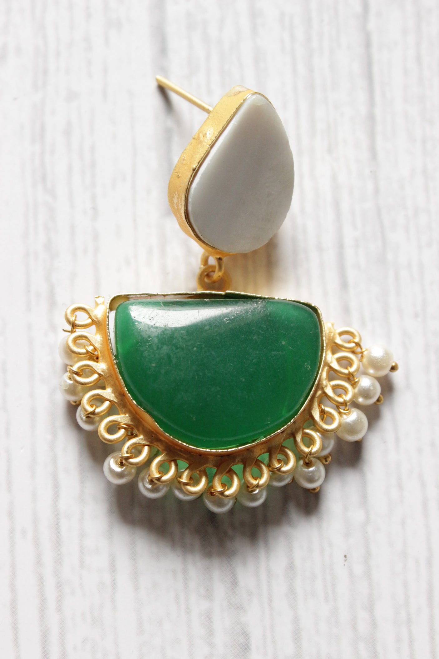 White and Green Natural Stone Embedded Brass Dangler Earrings