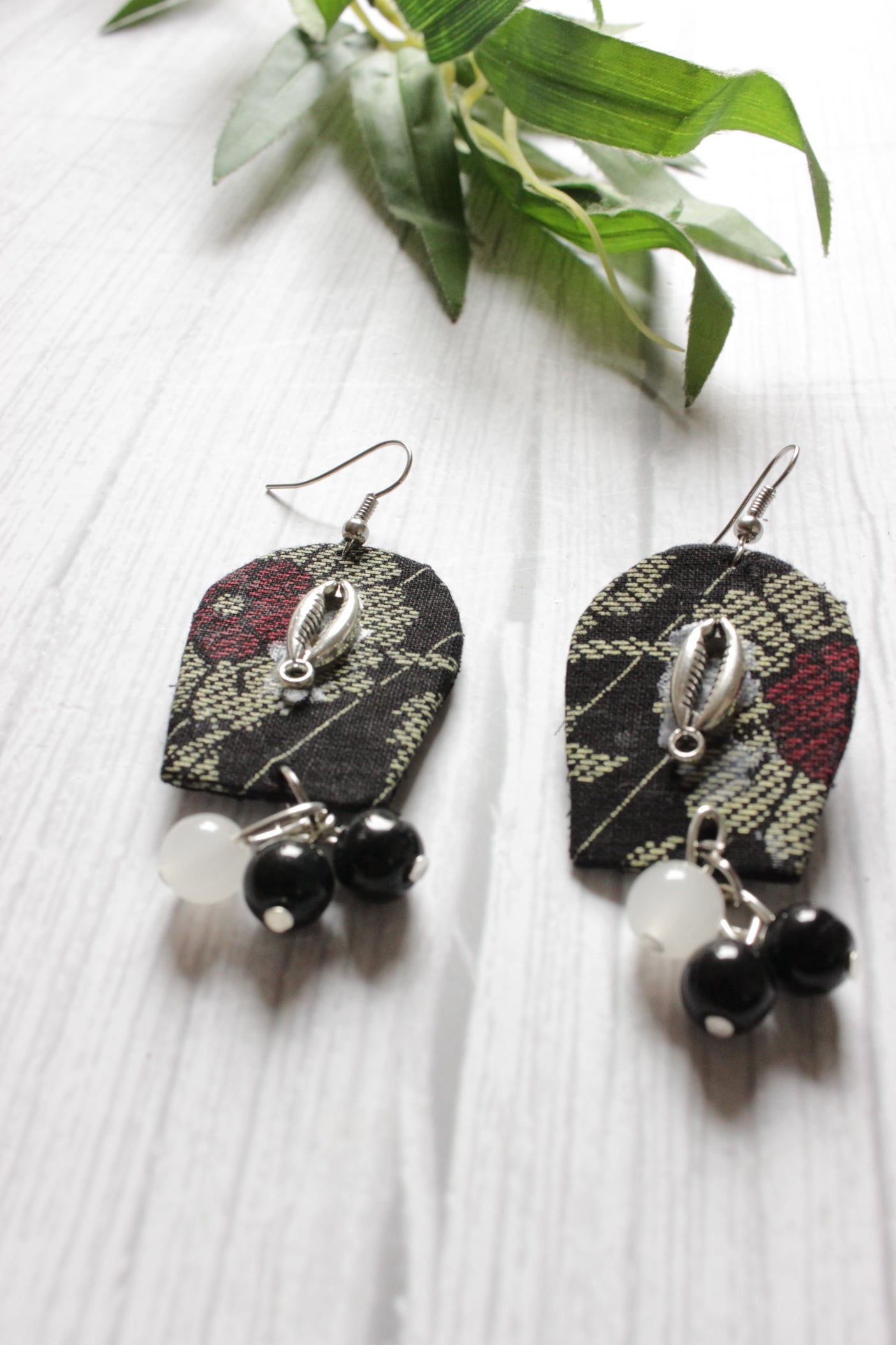 Black Fabric Metal Shell Embellished Fabric Earrings