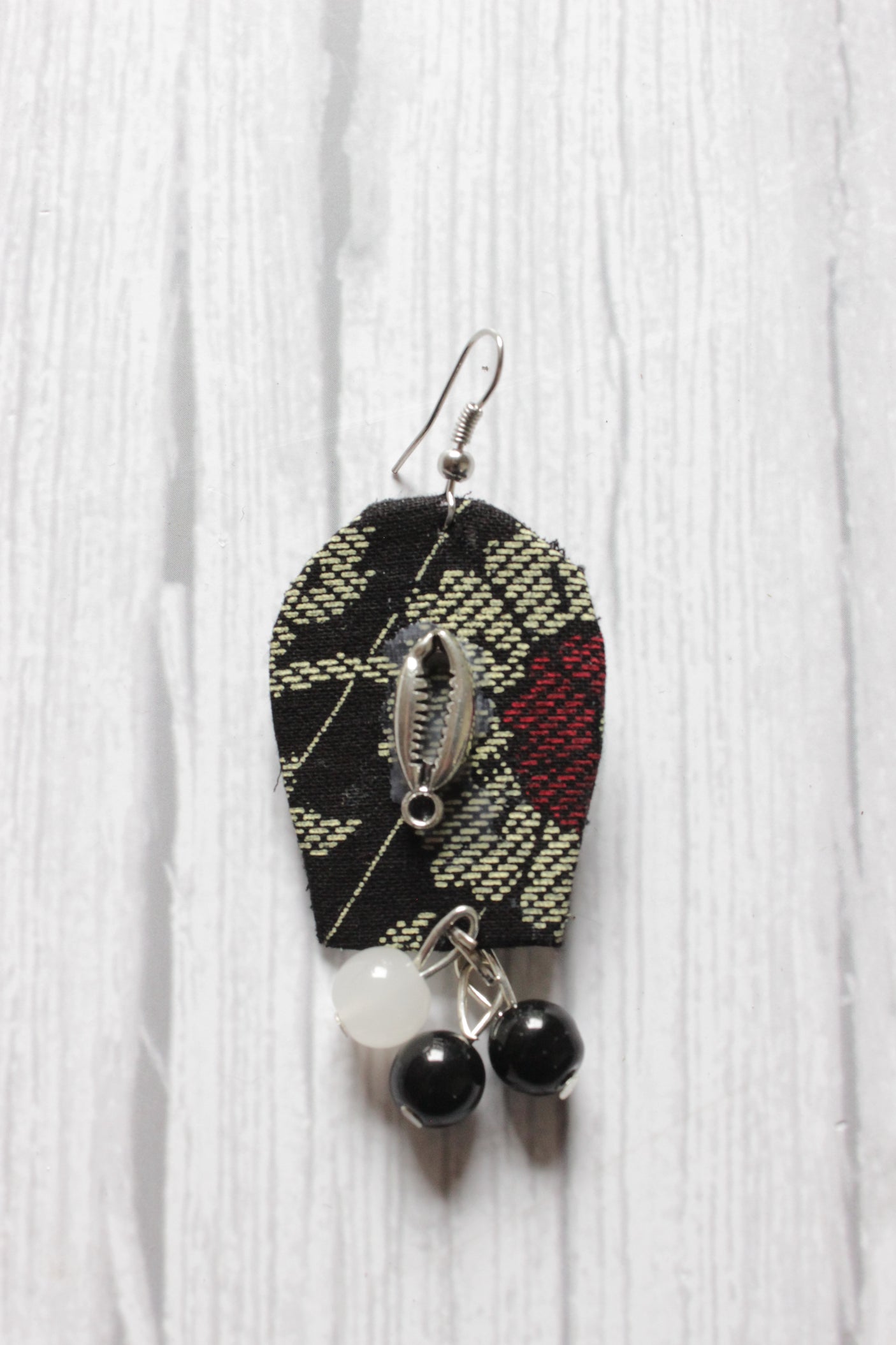 Black Fabric Metal Shell Embellished Fabric Earrings