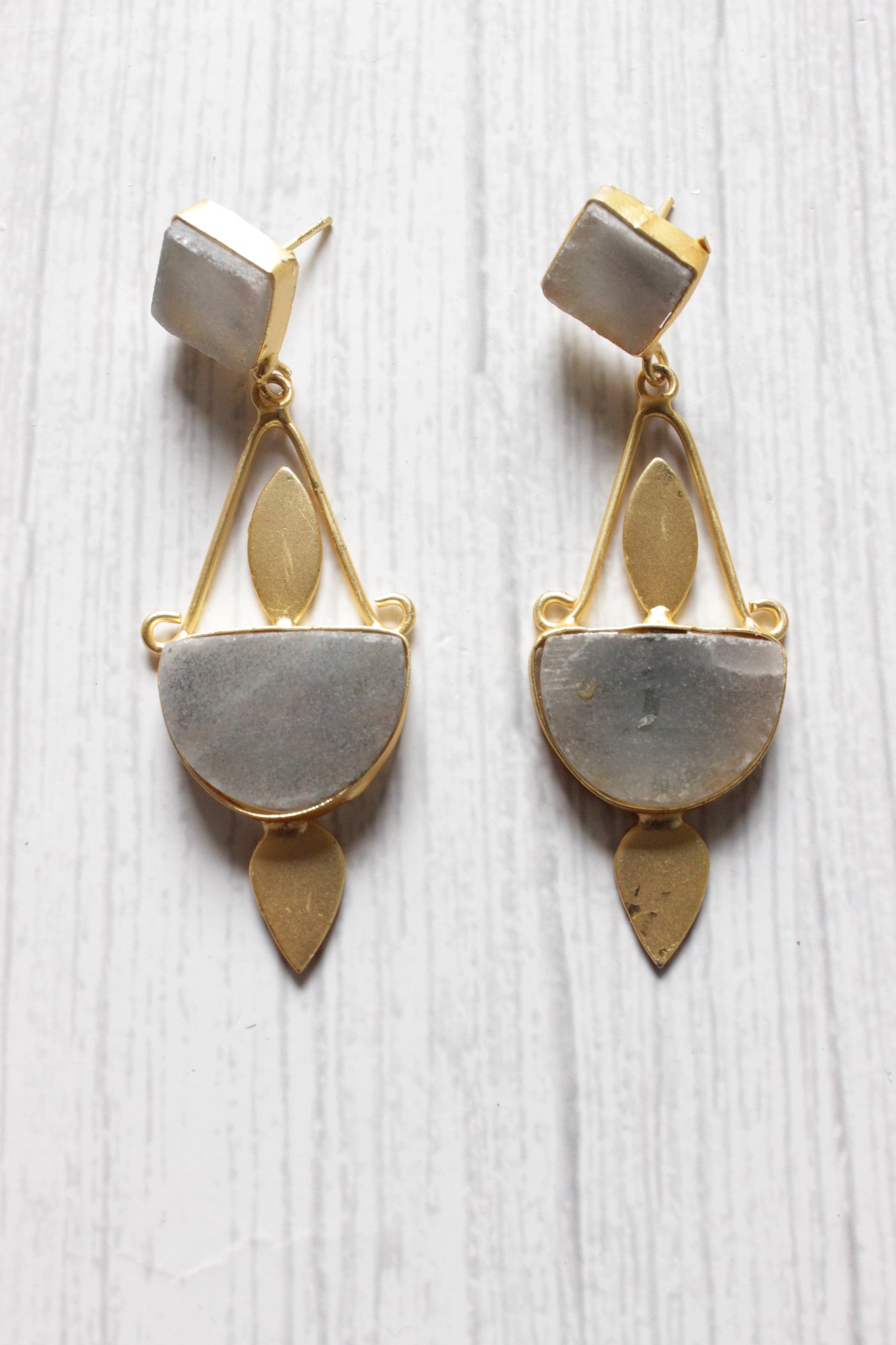 Grey Natural Stones Embedded Brass Dangler Earrings