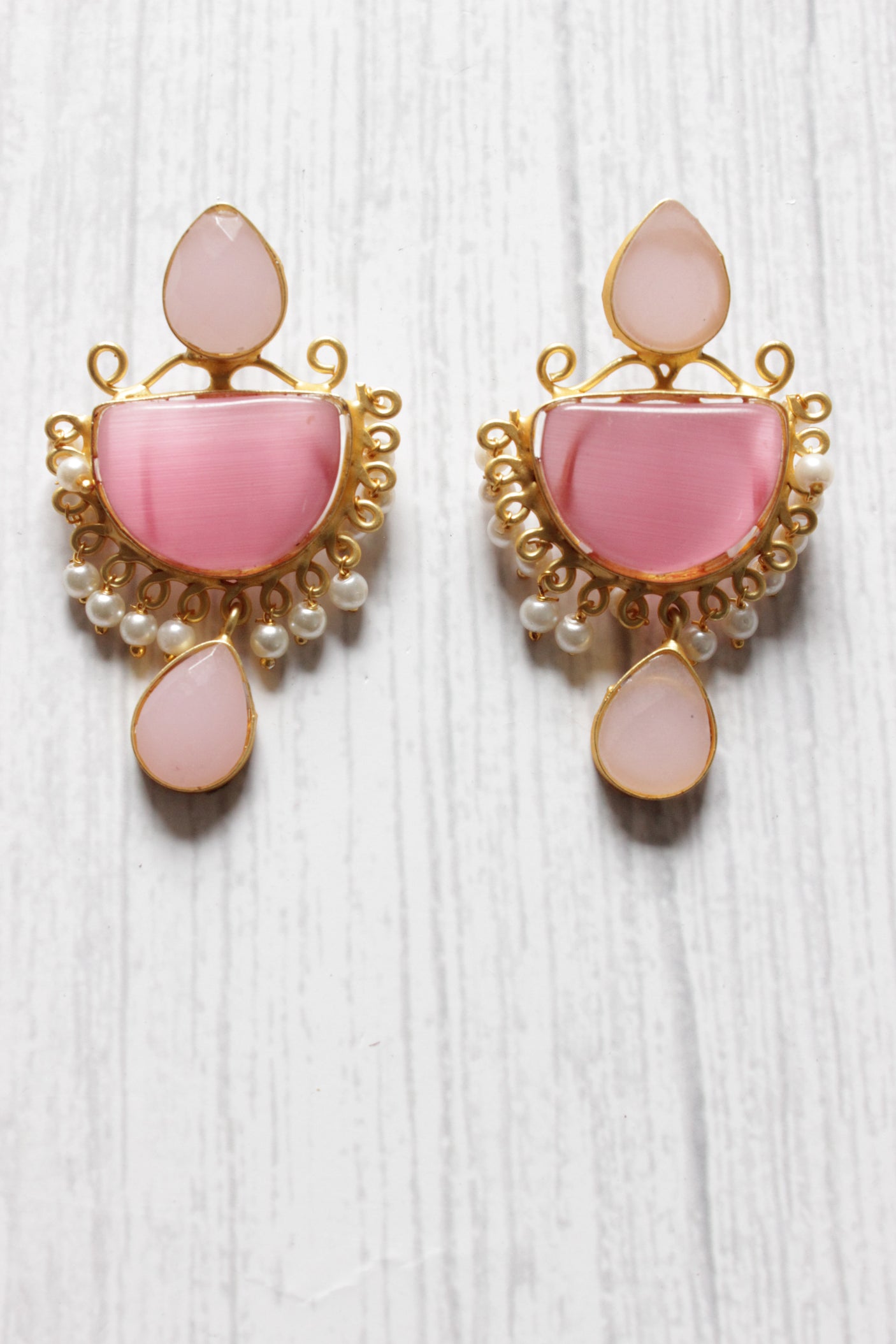 Pink Natural Stones Embedded Brass Dangler Earrings