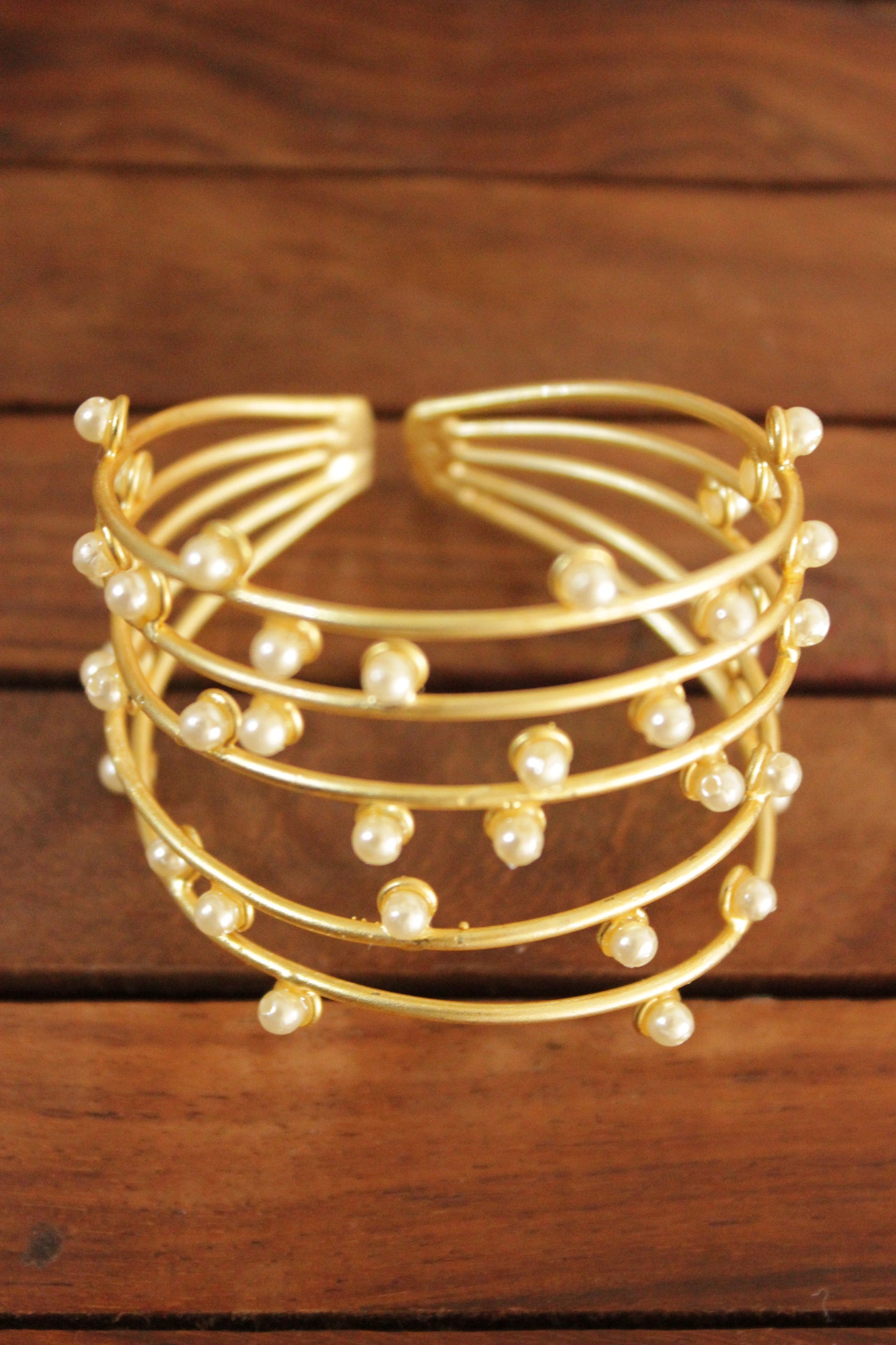 5 Layer Pearl Beads Embedded Gold Finish Adjustable Brass Bracelet