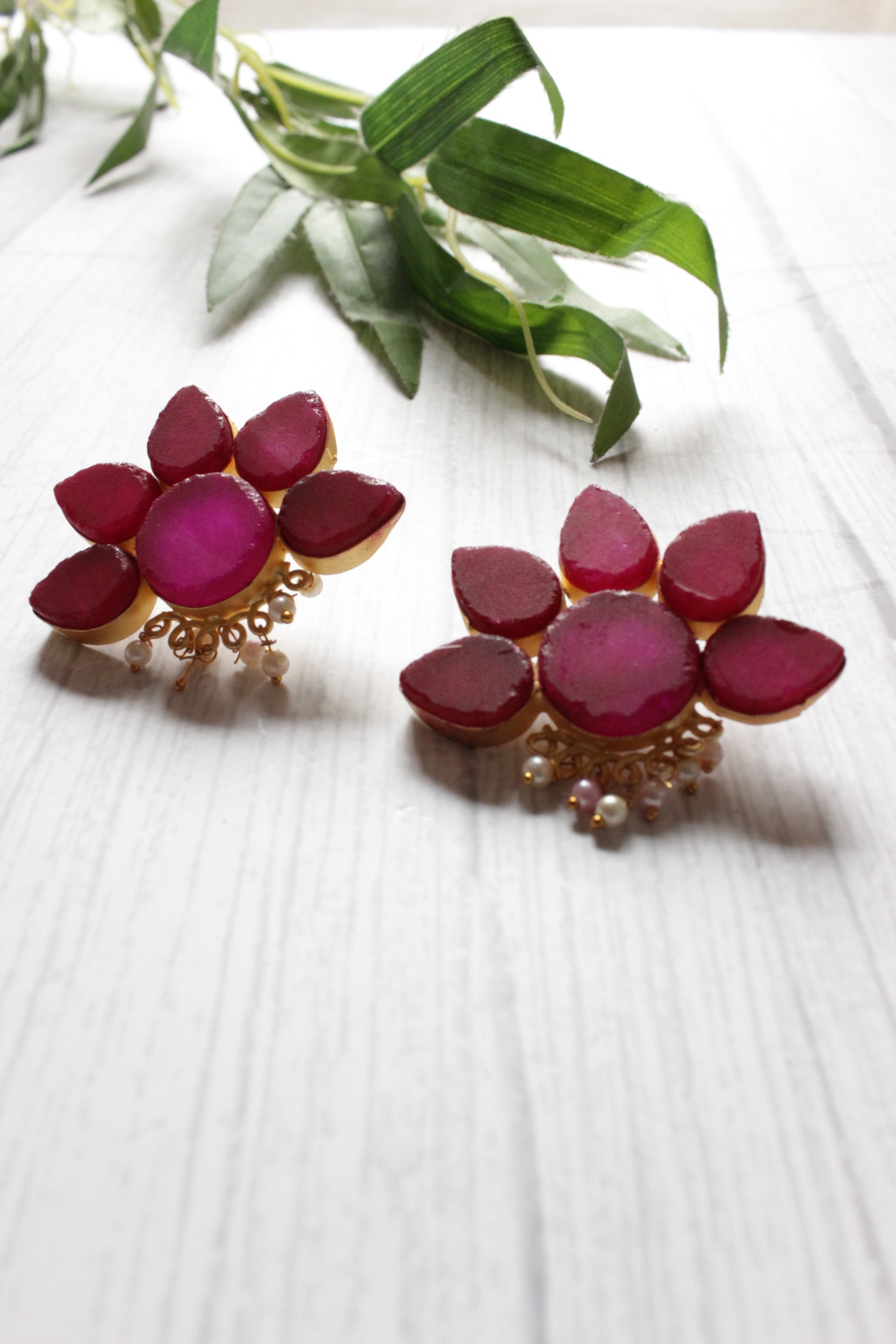 Ruby Natural Stones Embedded Brass Dangler Earrings