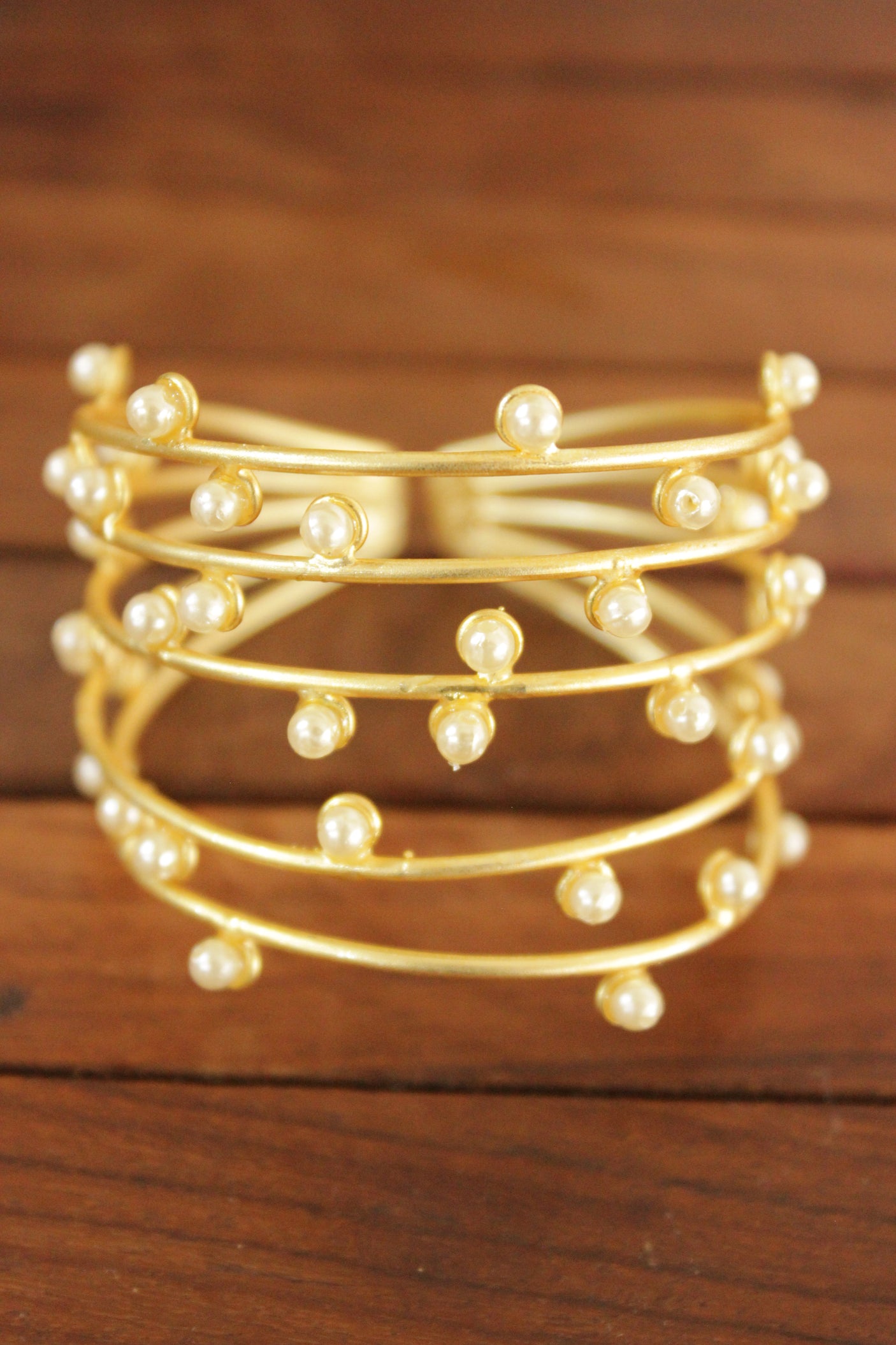 5 Layer Pearl Beads Embedded Gold Finish Adjustable Brass Bracelet