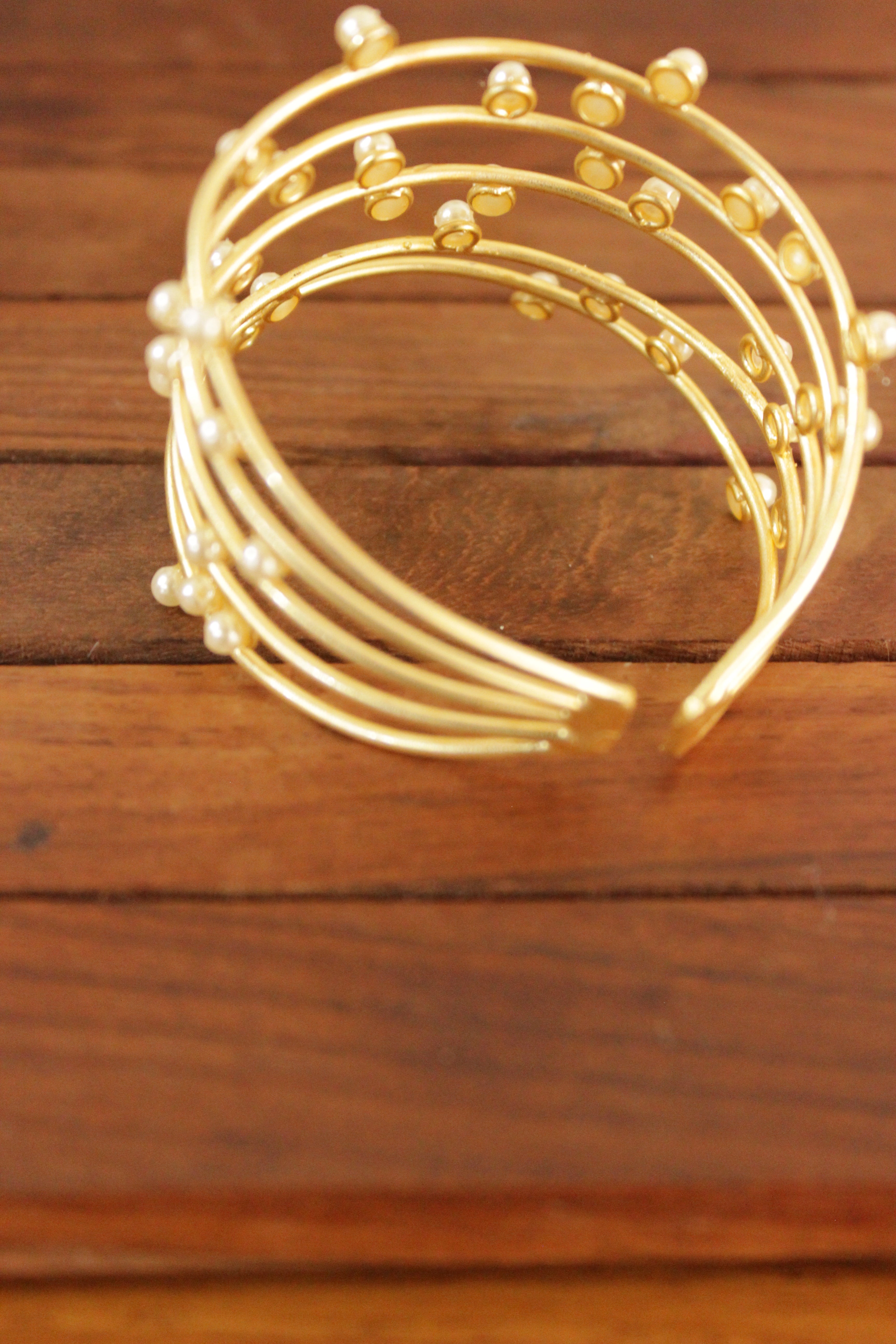 5 Layer Pearl Beads Embedded Gold Finish Adjustable Brass Bracelet