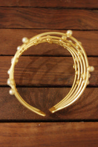 5 Layer Pearl Beads Embedded Gold Finish Adjustable Brass Bracelet