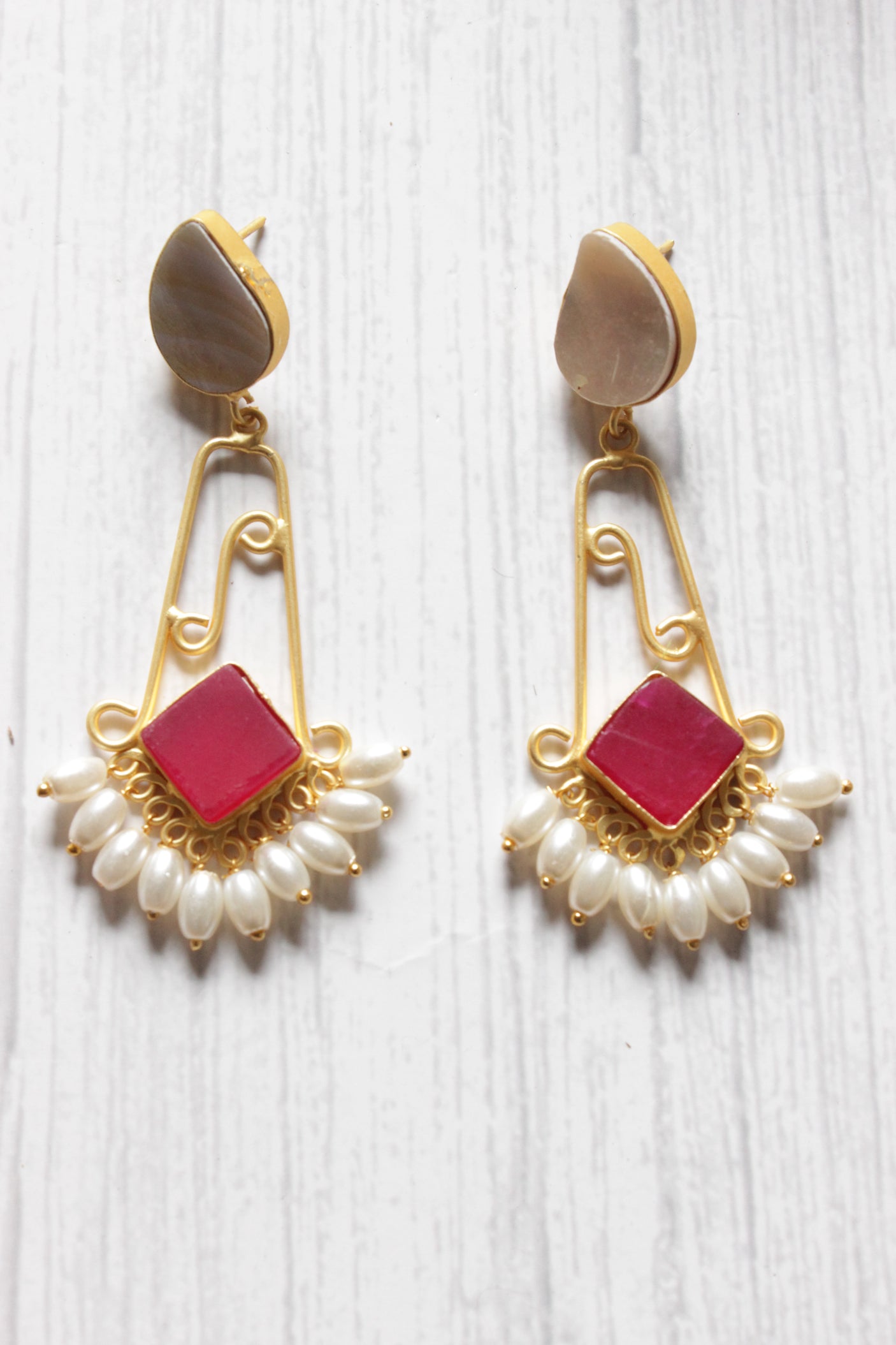 Grey and Ruby Natural Stones Embedded Long Brass Dangler Earrings