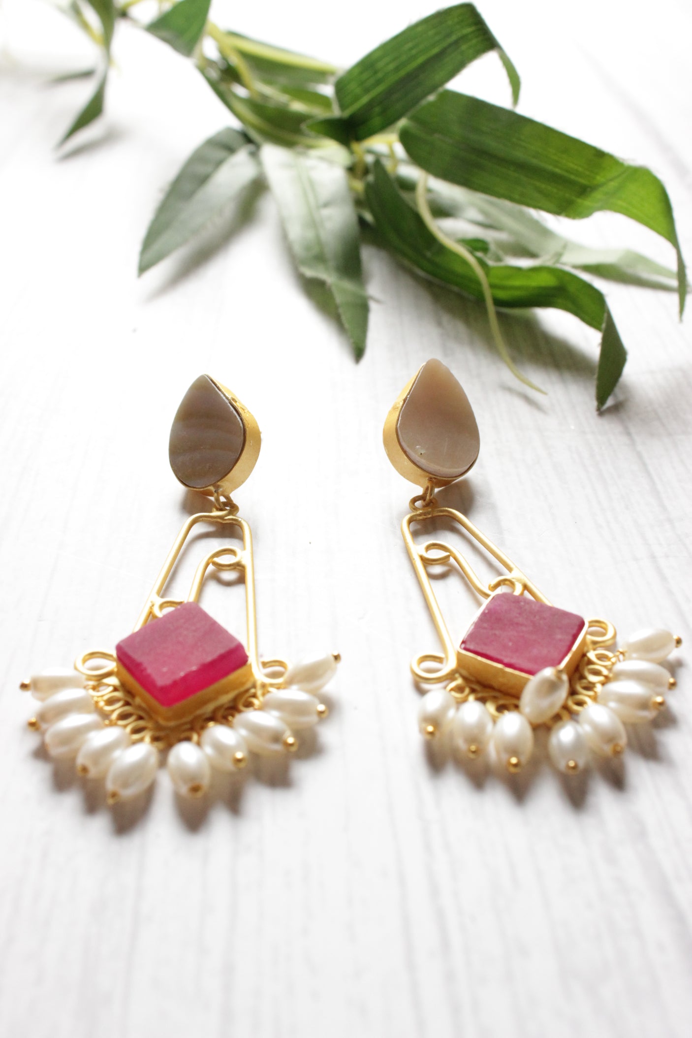 Grey and Ruby Natural Stones Embedded Long Brass Dangler Earrings