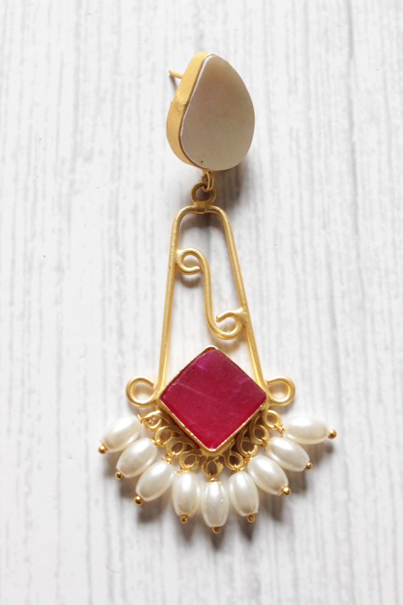 Grey and Ruby Natural Stones Embedded Long Brass Dangler Earrings