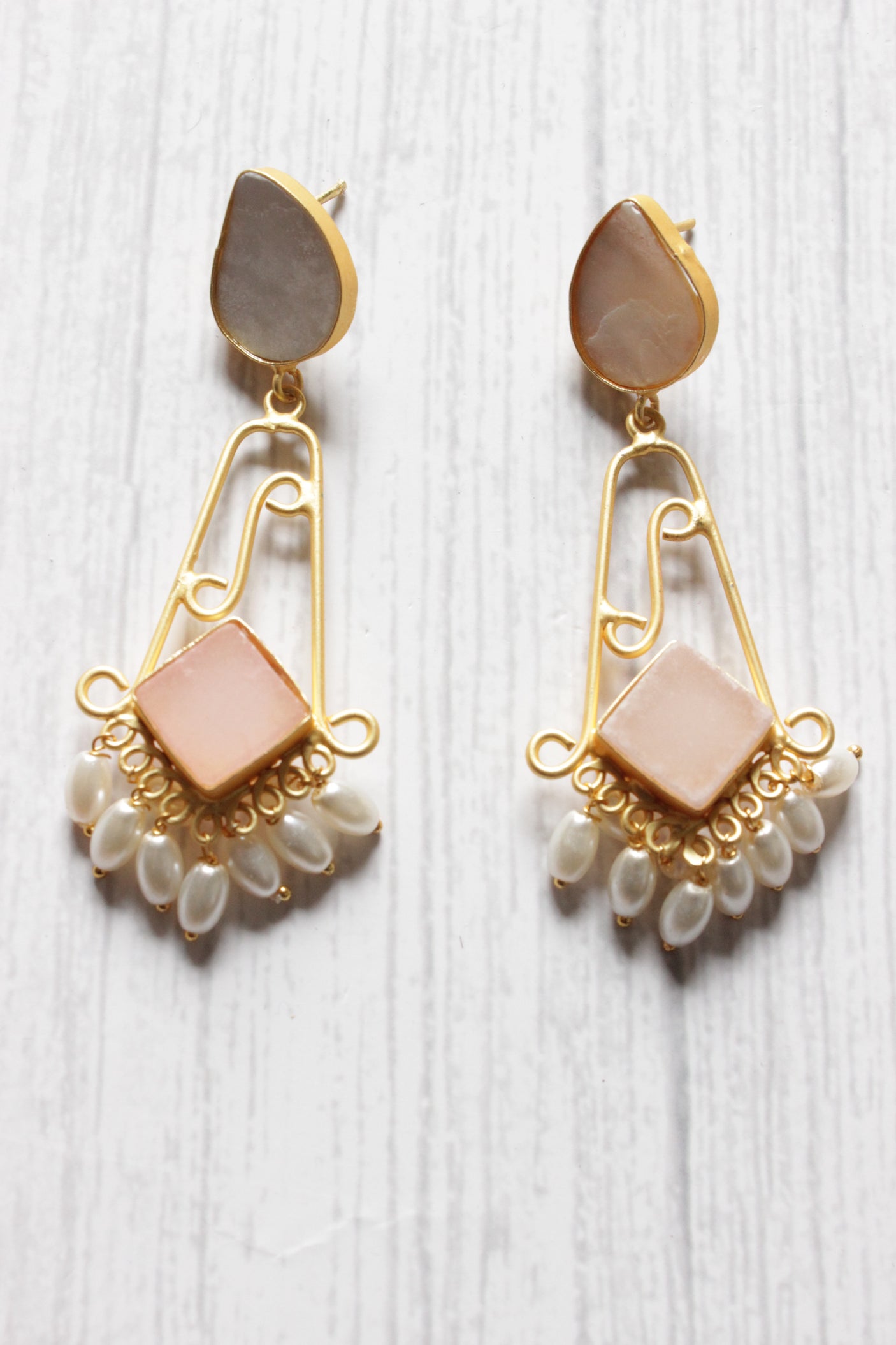 Grey and Baby Pink Natural Stones Embedded Long Brass Dangler Earrings