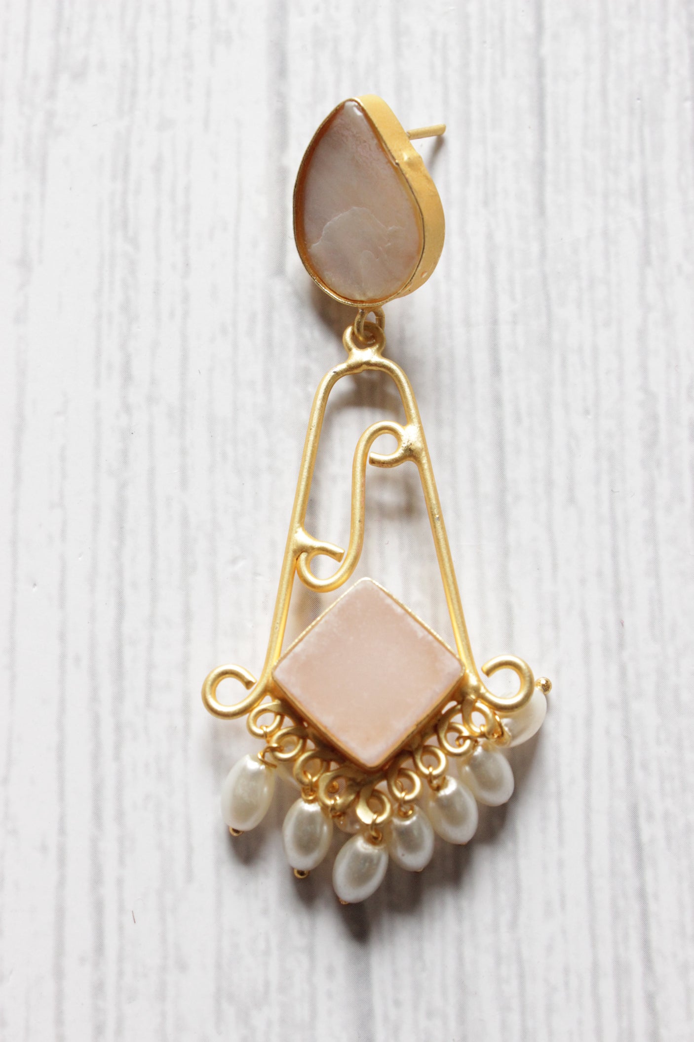 Grey and Baby Pink Natural Stones Embedded Long Brass Dangler Earrings