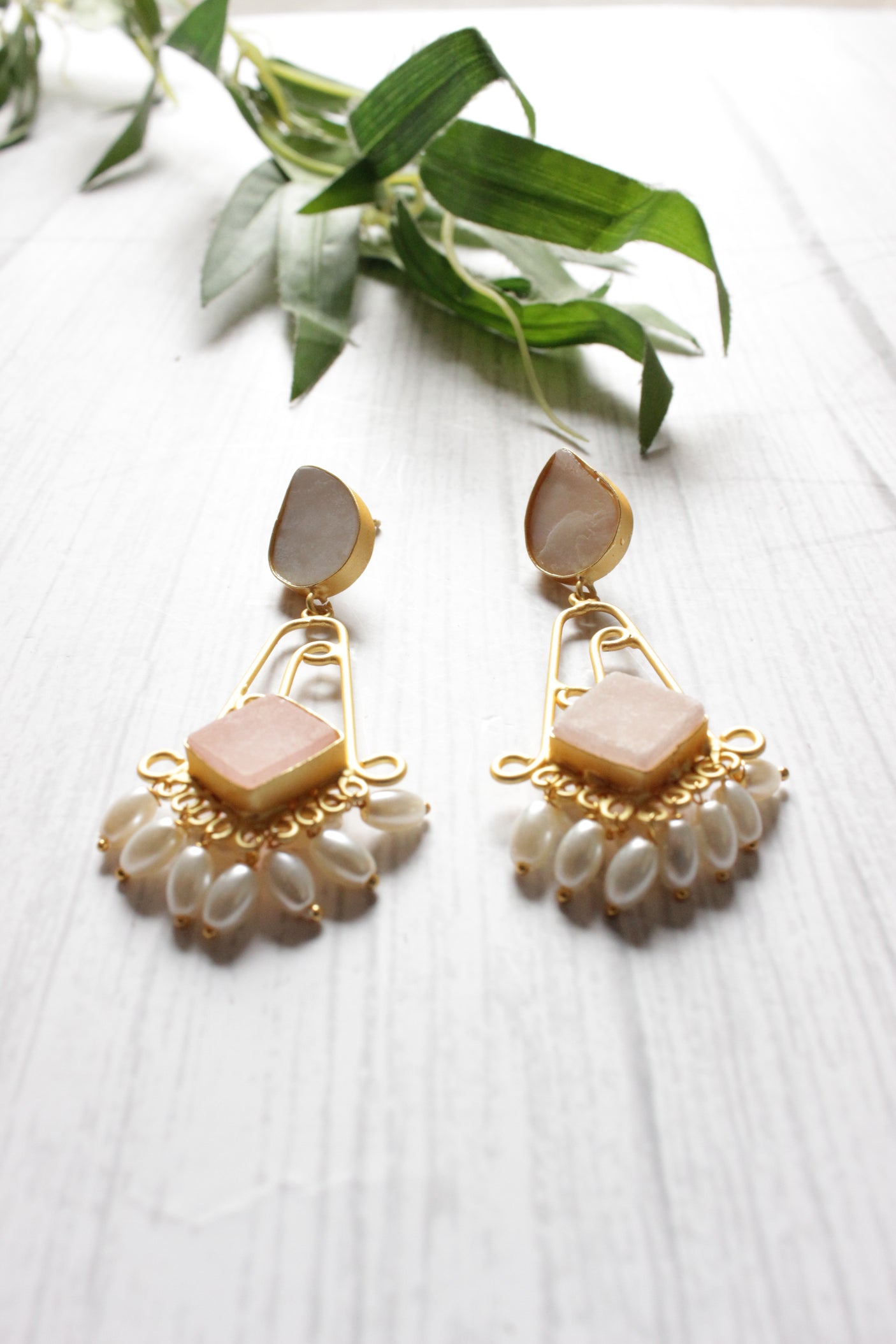 Grey and Baby Pink Natural Stones Embedded Long Brass Dangler Earrings