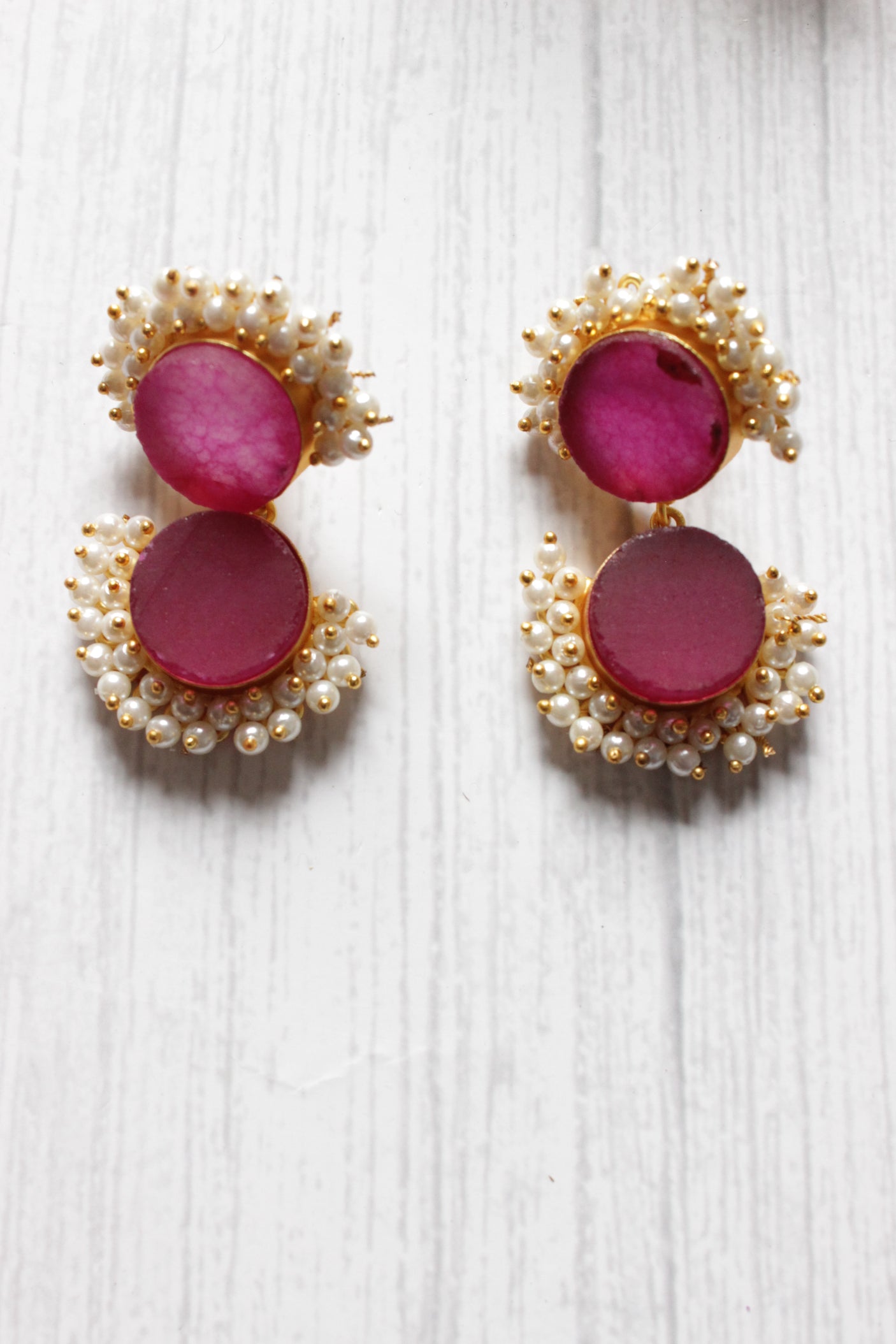 Fuchsia Natural Stones Embedded Brass Dangler Earrings