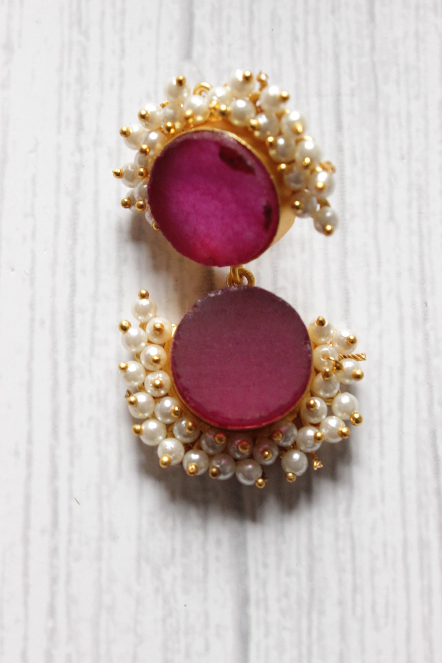 Fuchsia Natural Stones Embedded Brass Dangler Earrings