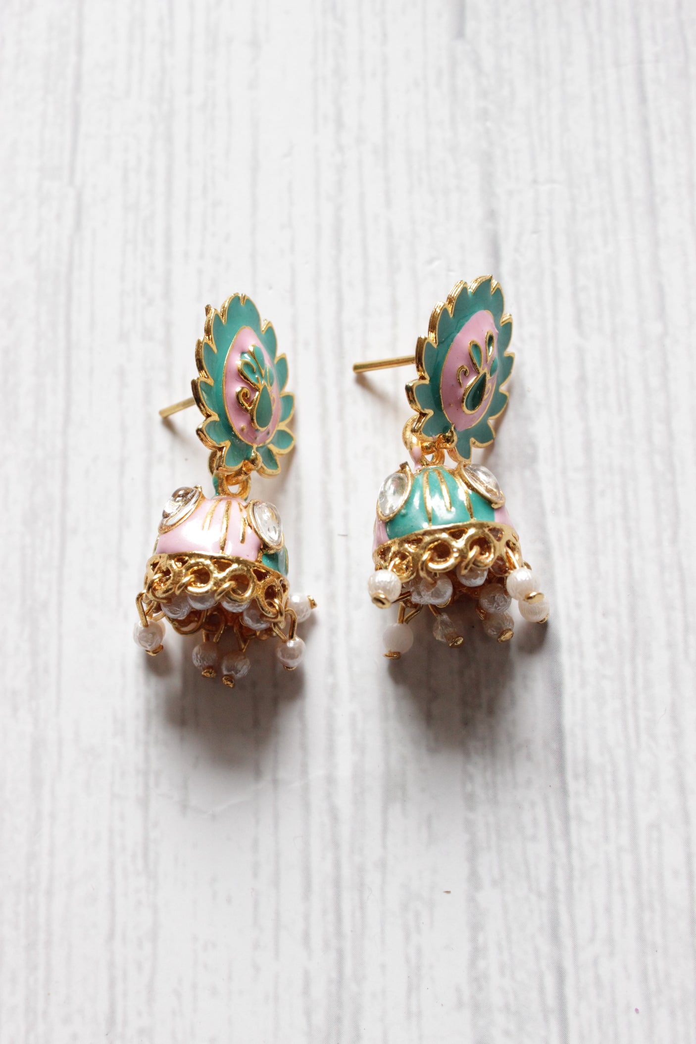 Pink and Green Handcrafted Meenakari Jhumka Earrings