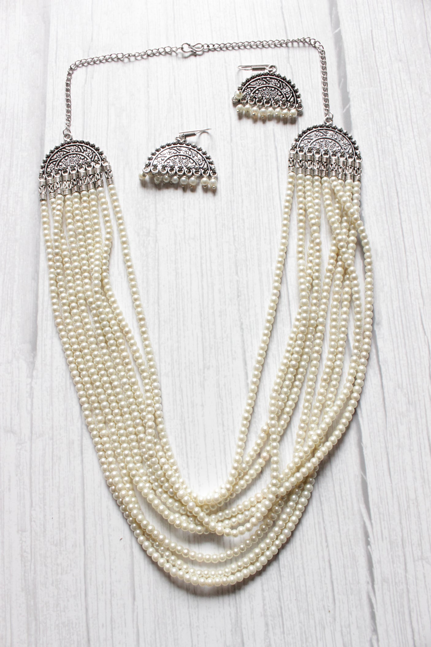 Multi layered White Pearl Beaded Necklace Set