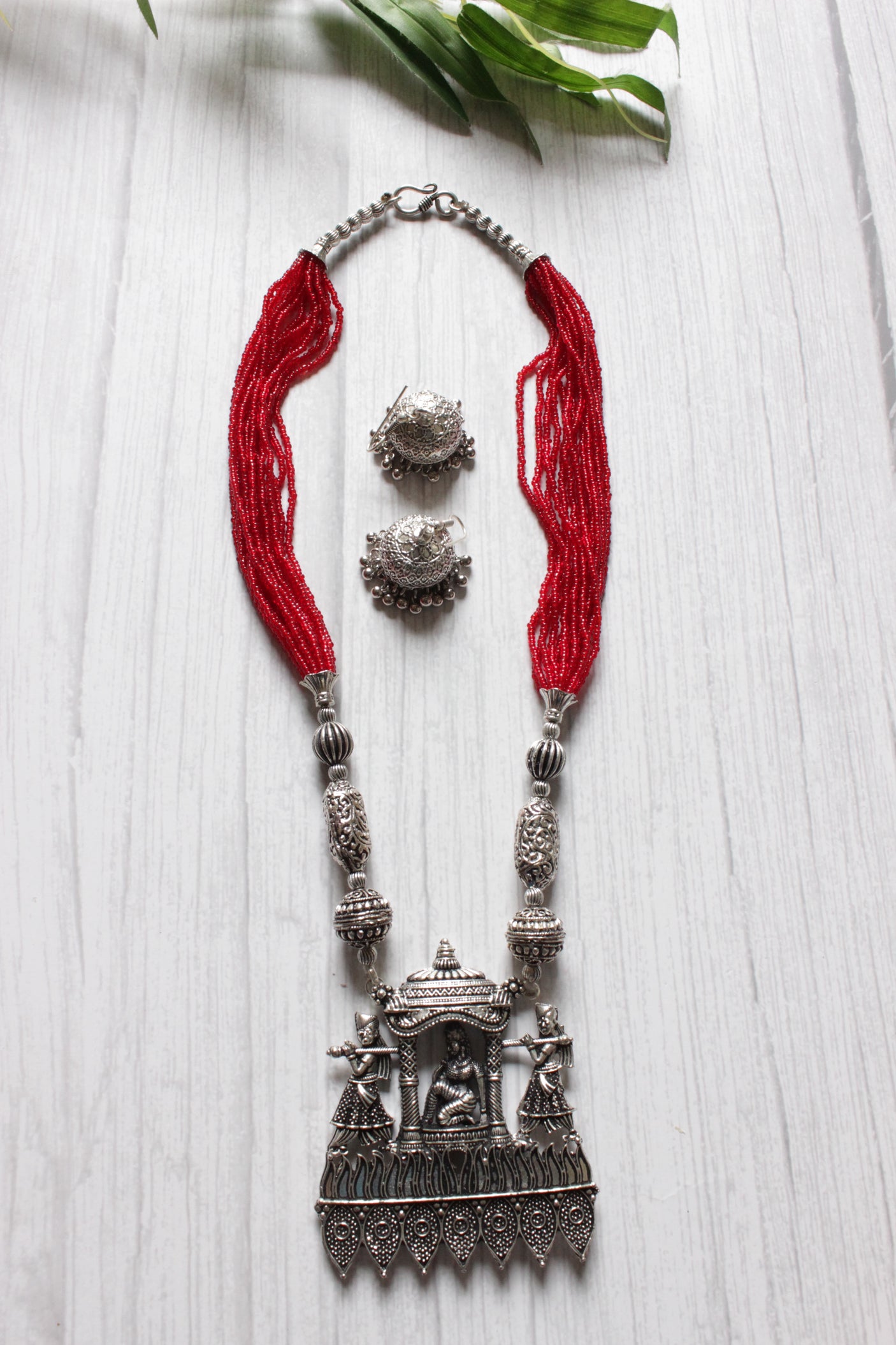 Multi Layer Red Beads Bride Palki Illustrated Metal Pendant Necklace Set