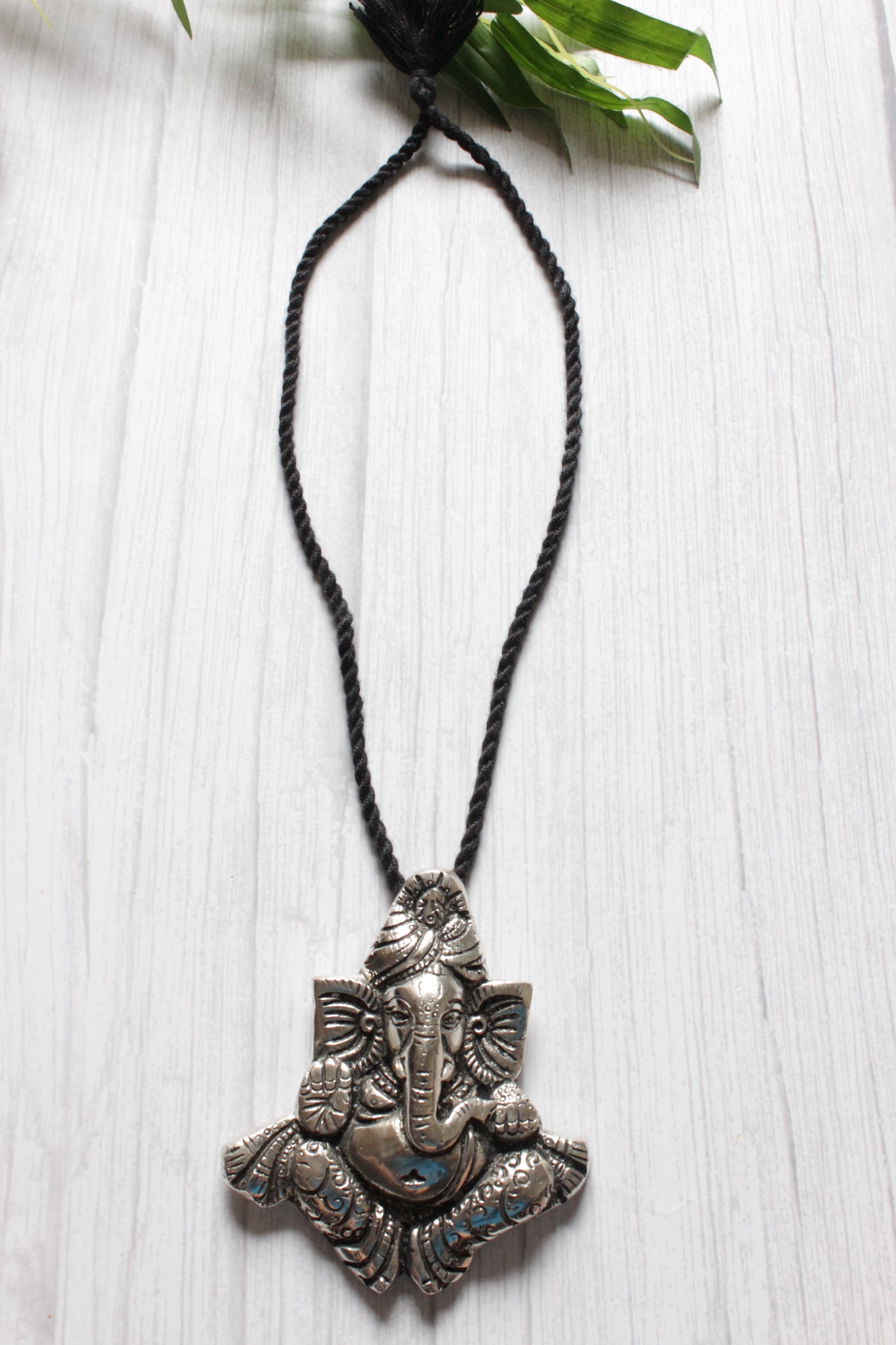 Statement Oxidised Ganesha Motif Pendant Thread Closure Necklace