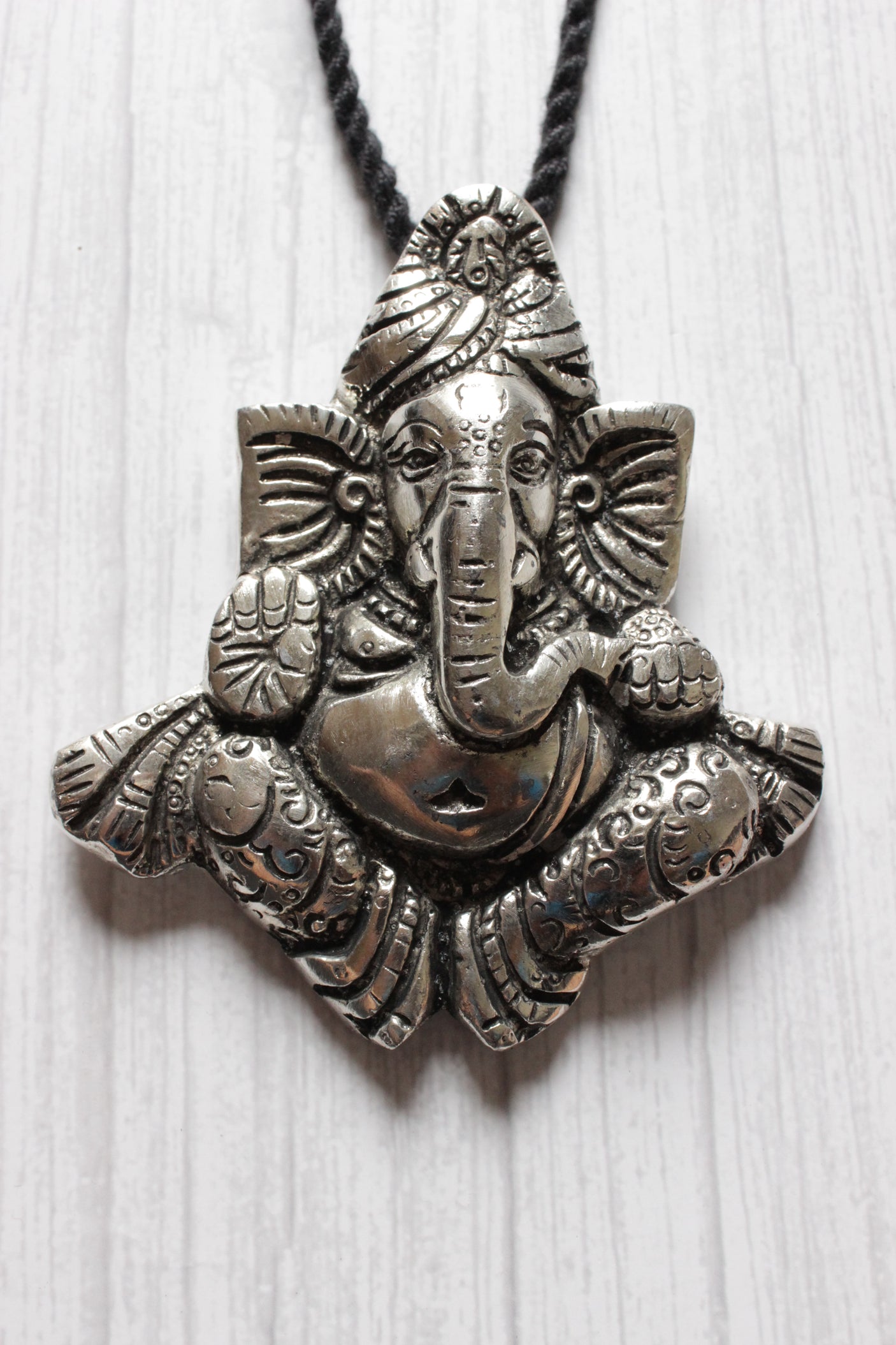 Statement Oxidised Ganesha Motif Pendant Thread Closure Necklace