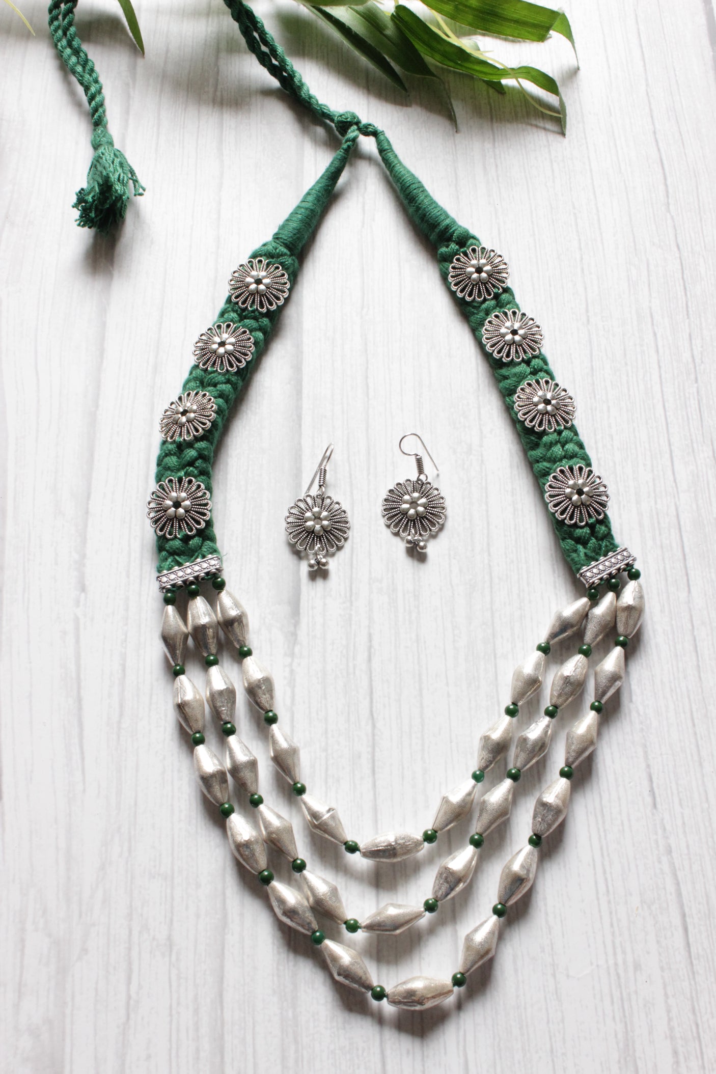 Dholki Beads Flower Motifs Braided Necklace Set
