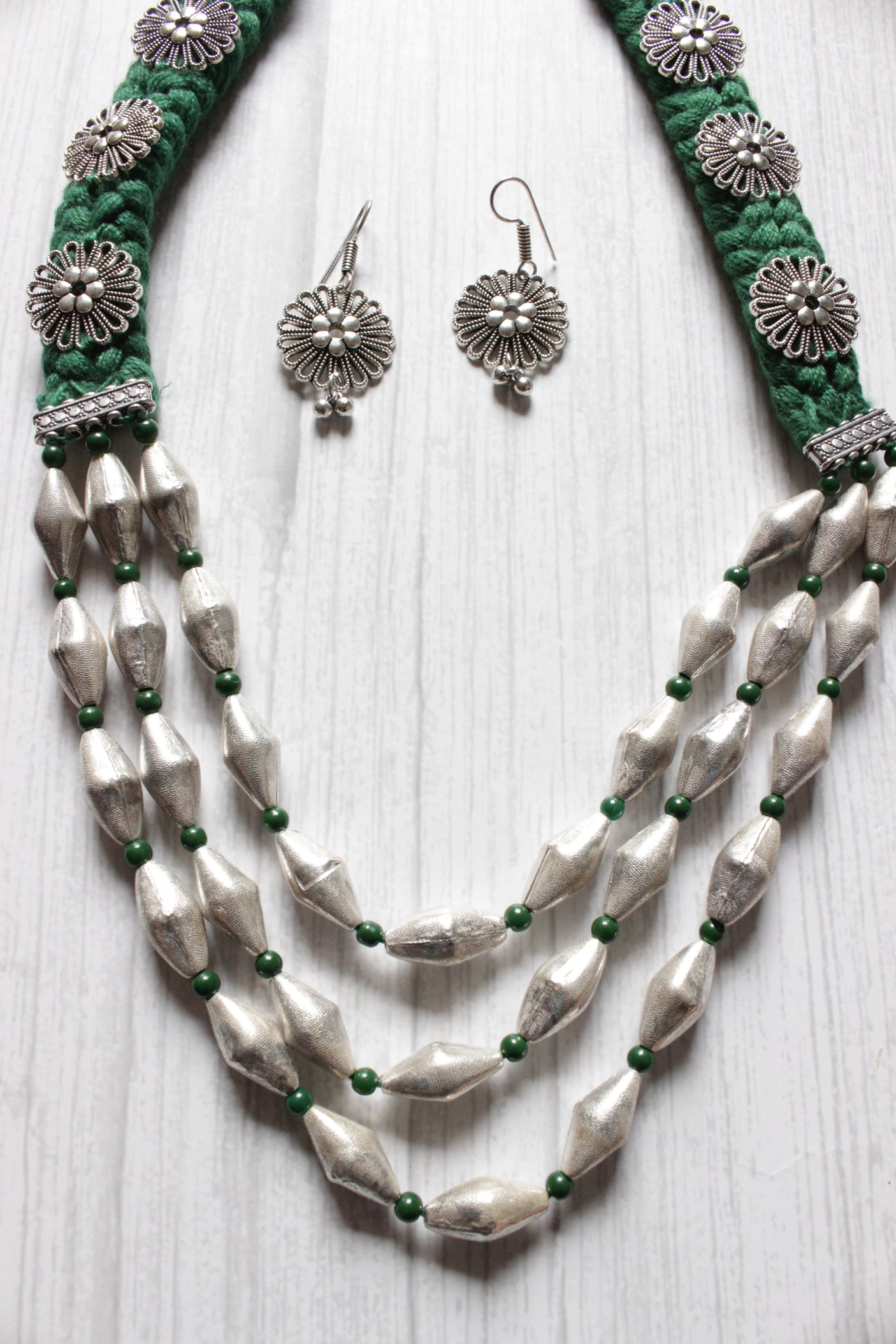 Dholki Beads Flower Motifs Braided Necklace Set